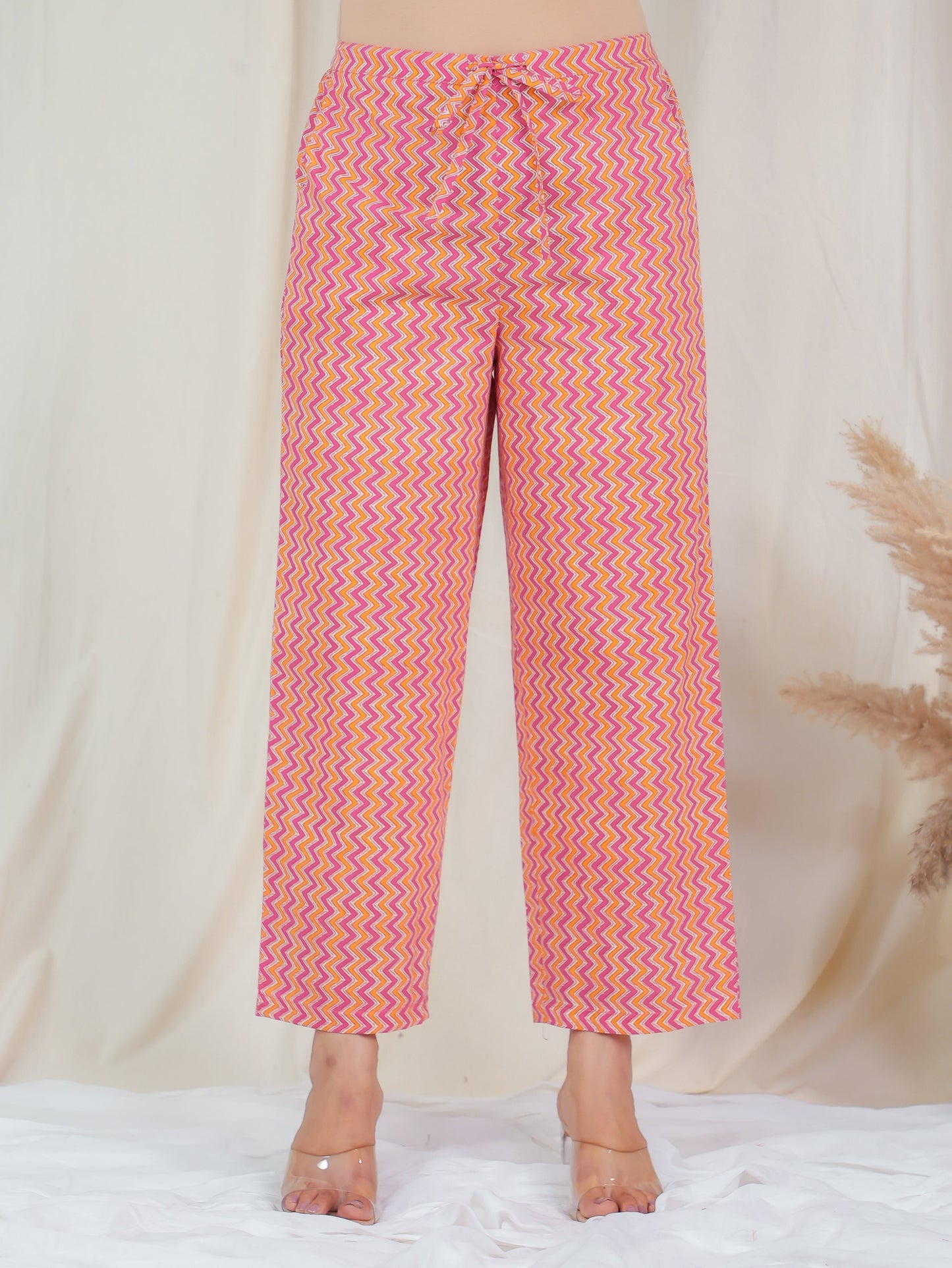 Soft Cotton Chevron Pink Straight Trousers