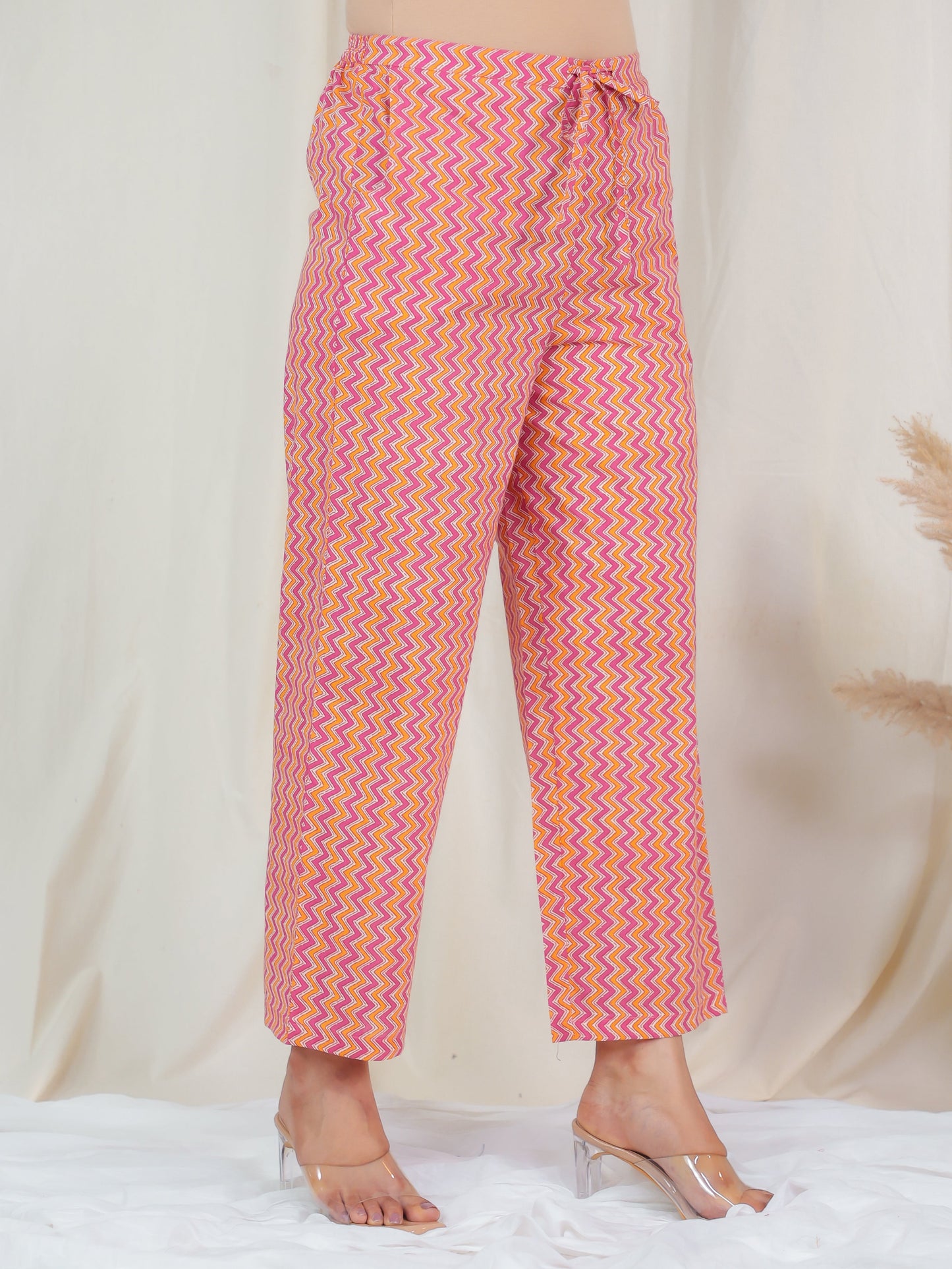 Soft Cotton Chevron Pink Straight Trousers