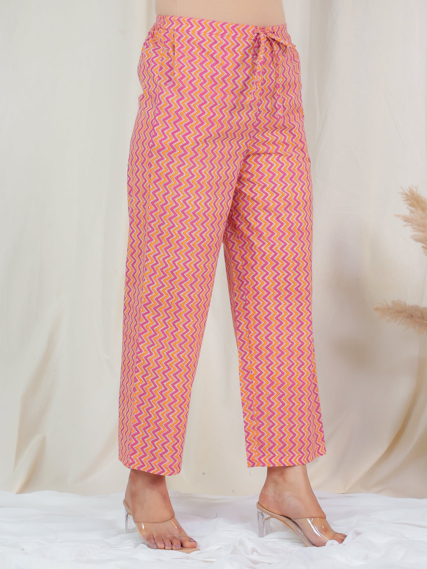 Soft Cotton Chevron Pink Straight Trousers