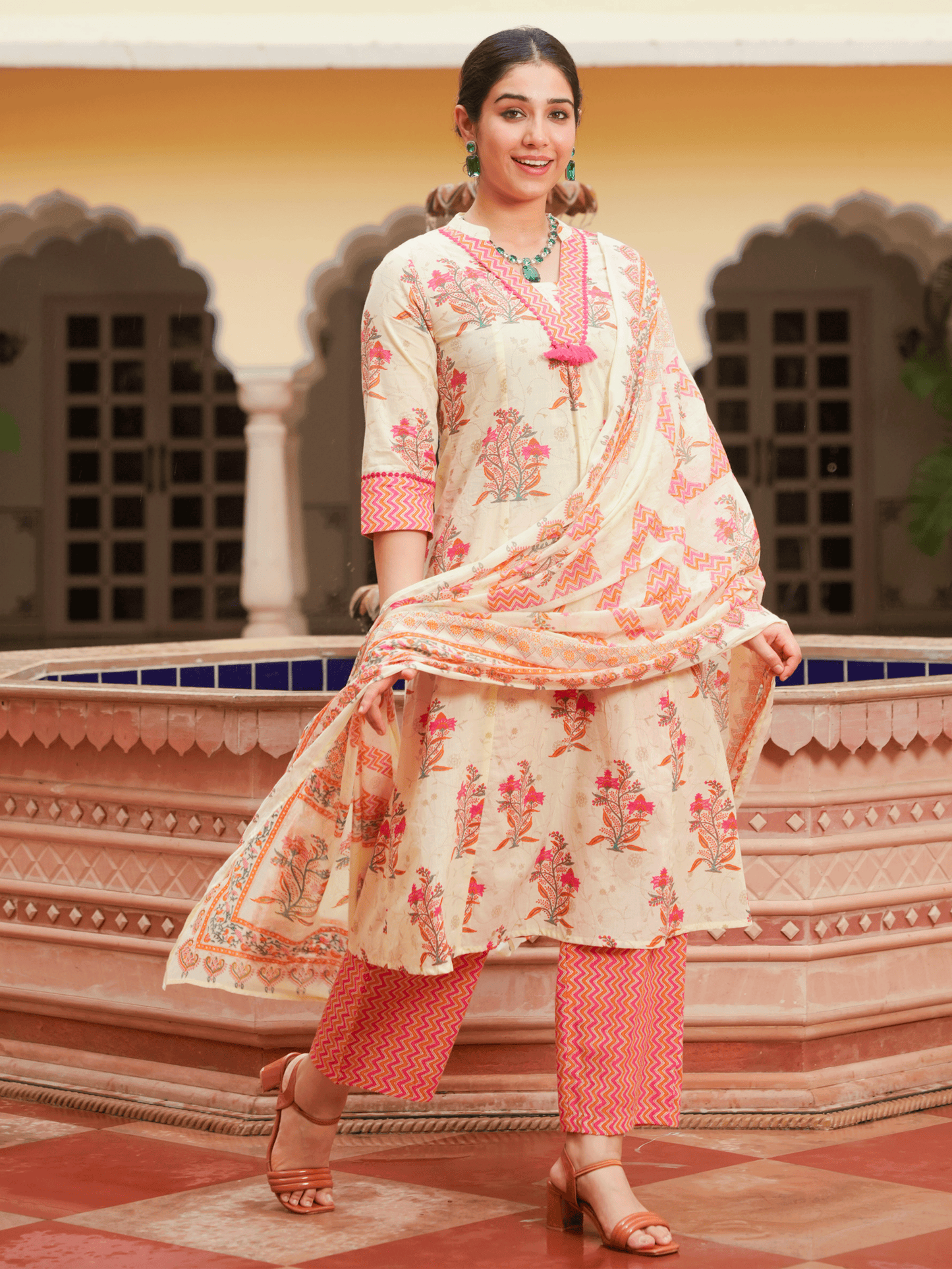 Cotton Voile Floral Off White Dupatta