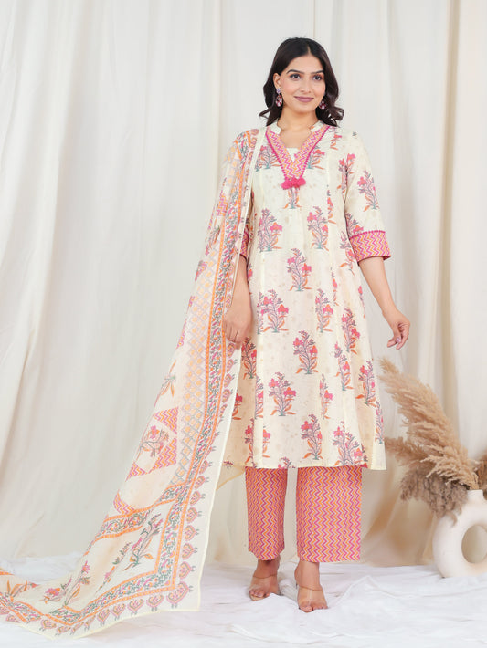 Cotton Voile Floral Off White Dupatta