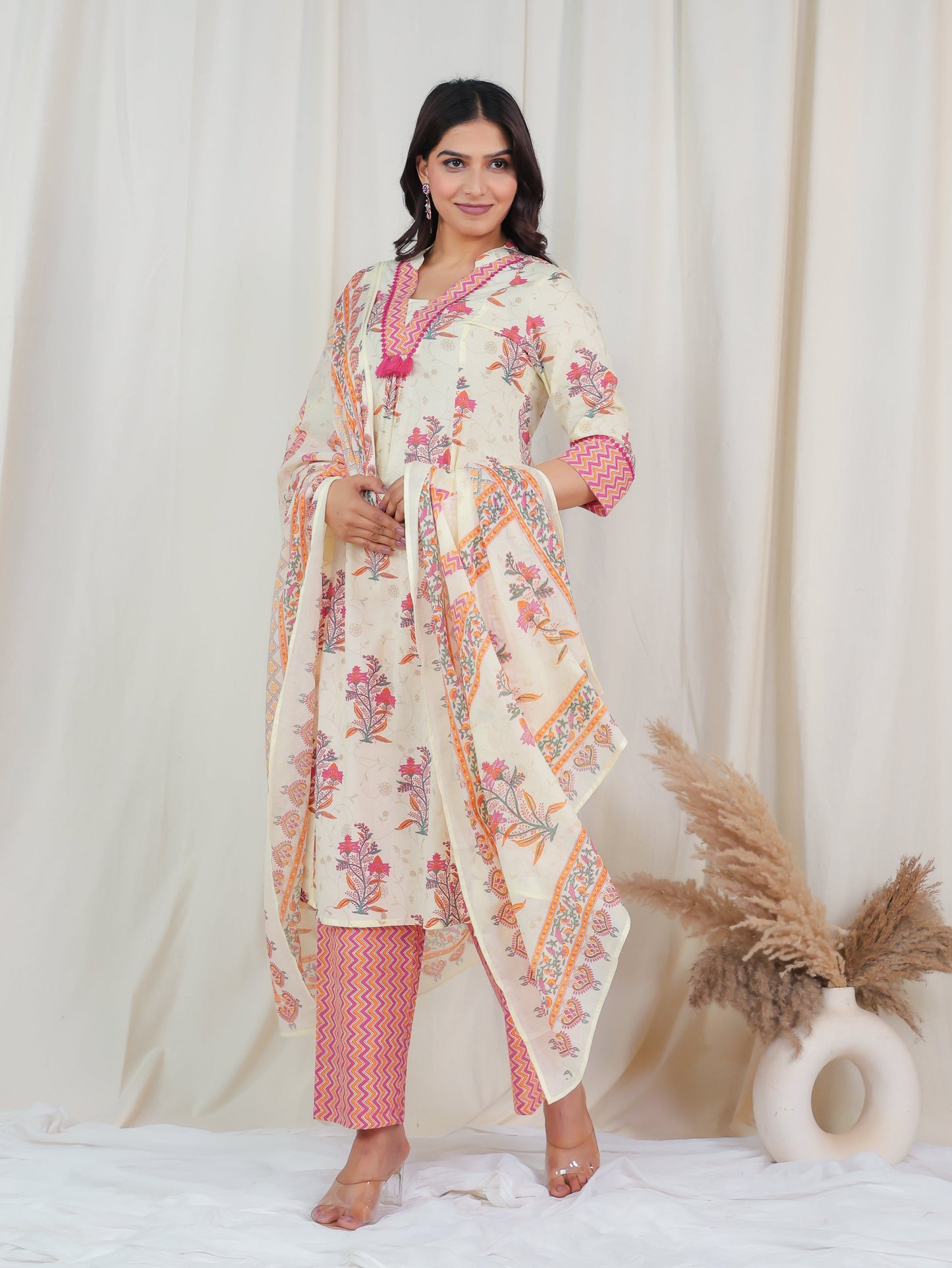 Cotton Voile Floral Off White Dupatta