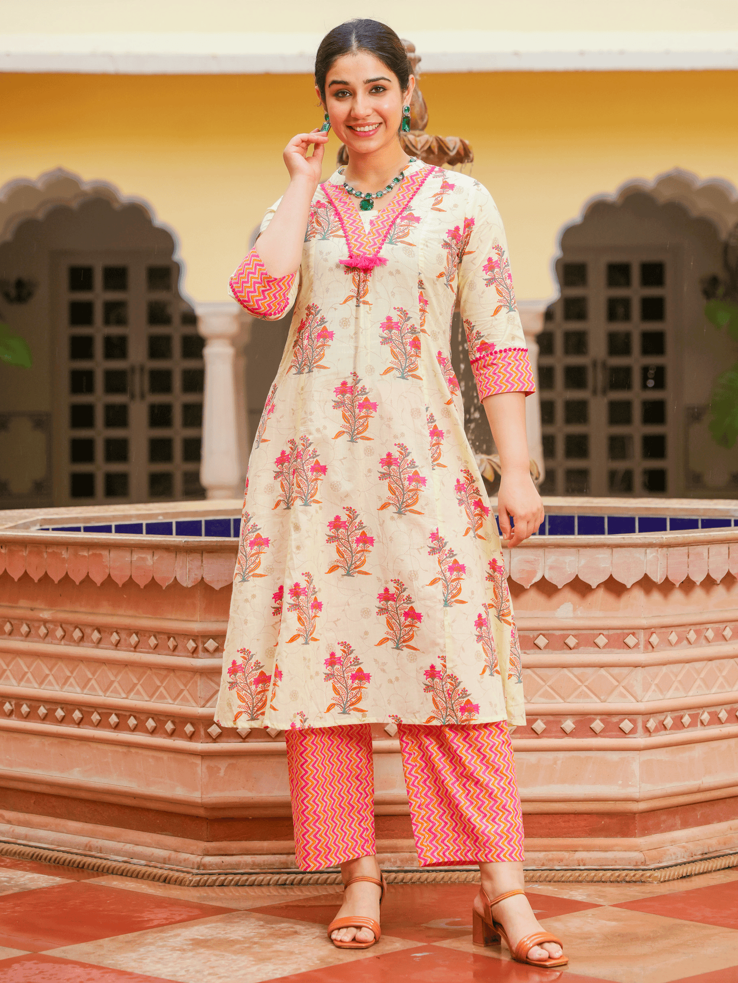 Soft Cotton Floral Flared Off White Kurta