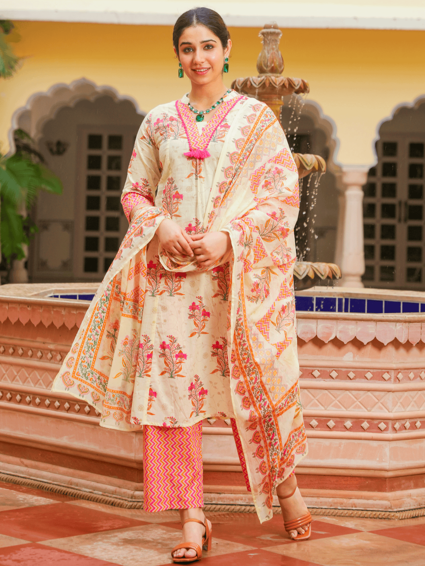 Soft Cotton Floral Flared Off White Kurta