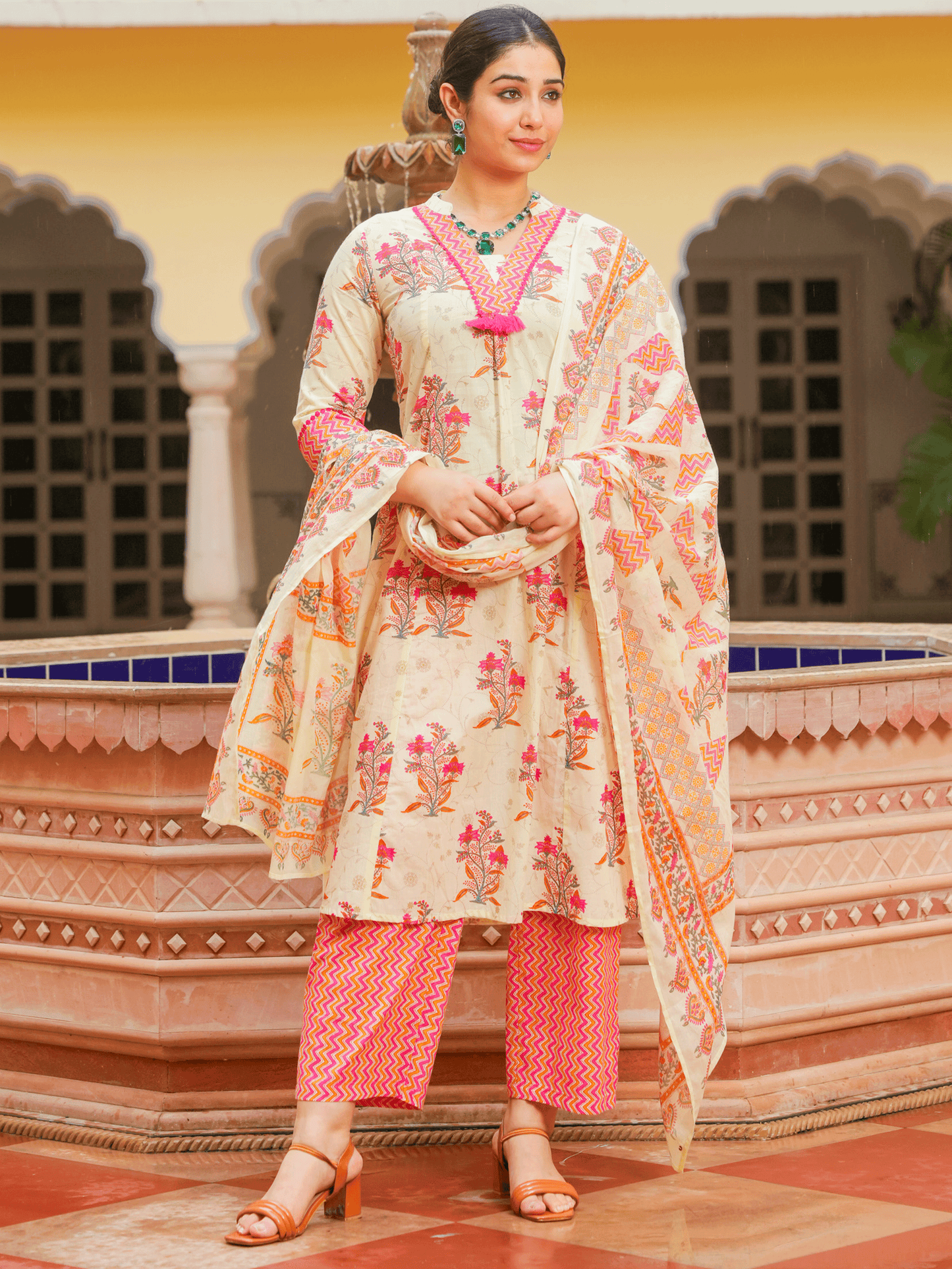 Soft Cotton Floral Flared Off White Kurta