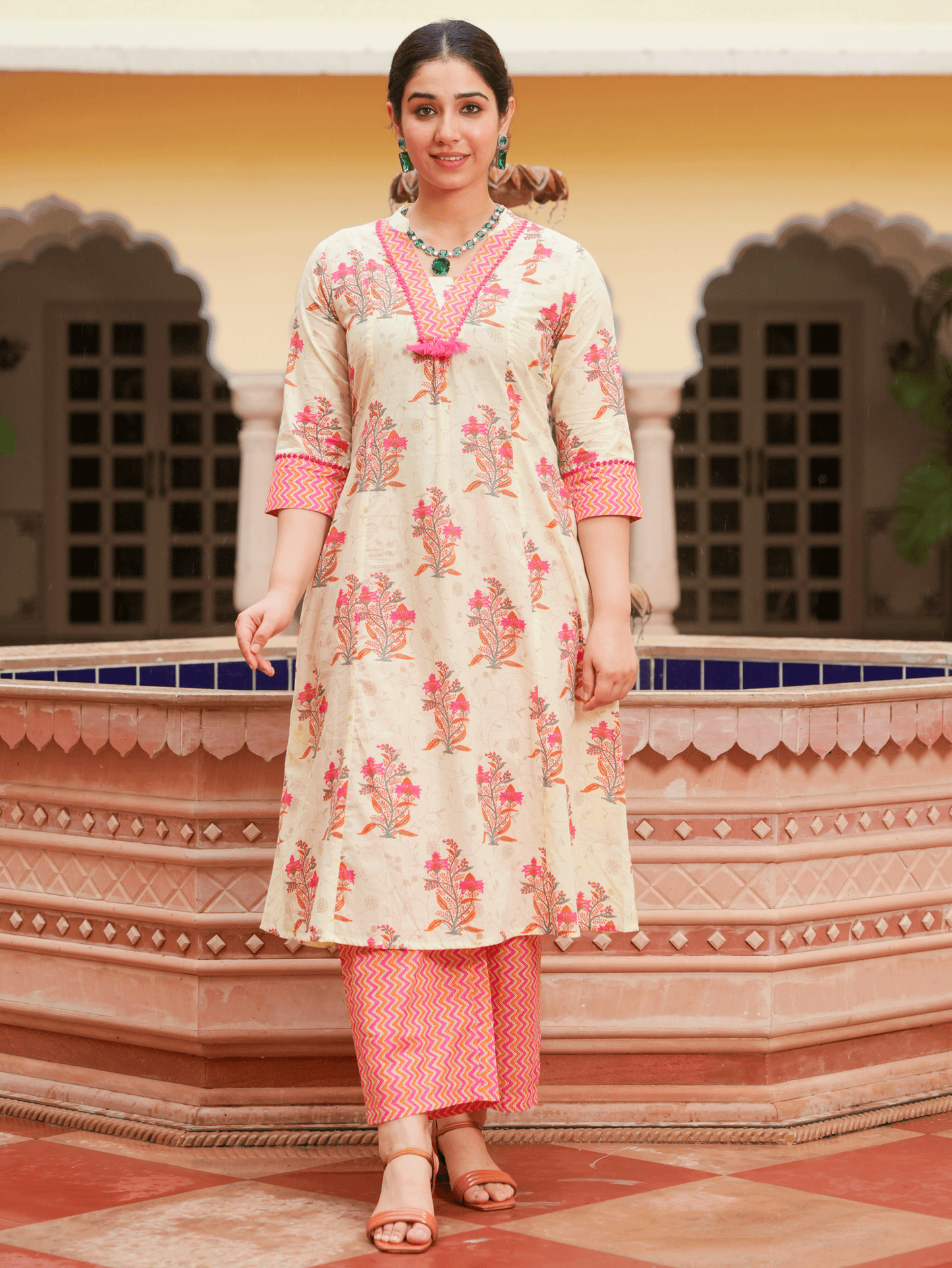Soft Cotton Floral Flared Off White Kurta