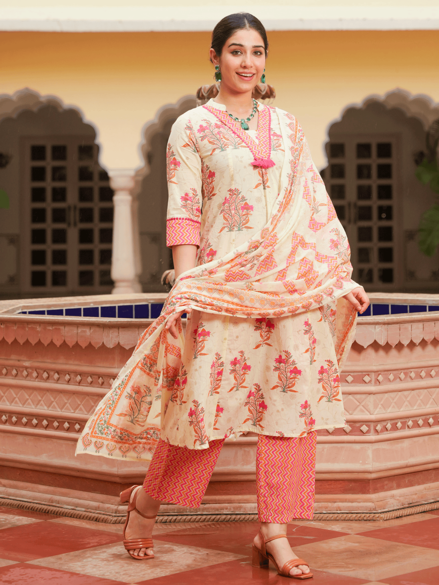 Soft Cotton Floral Flared Off White Kurta