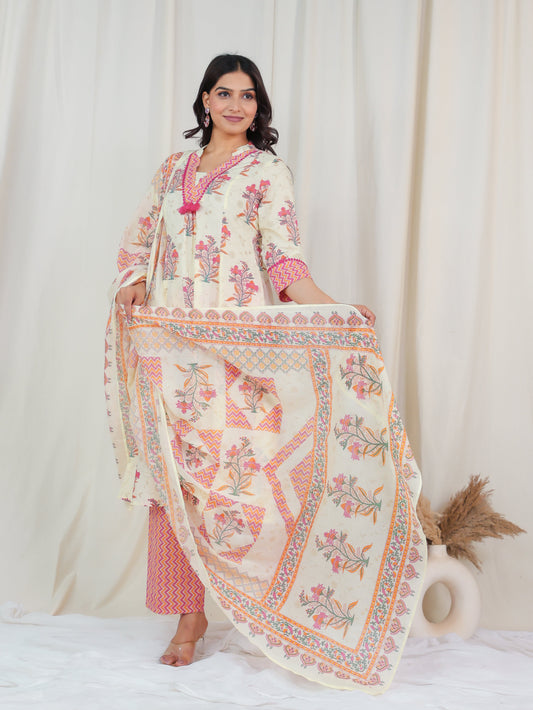 Soft Cotton Floral Flared Off White Kurta