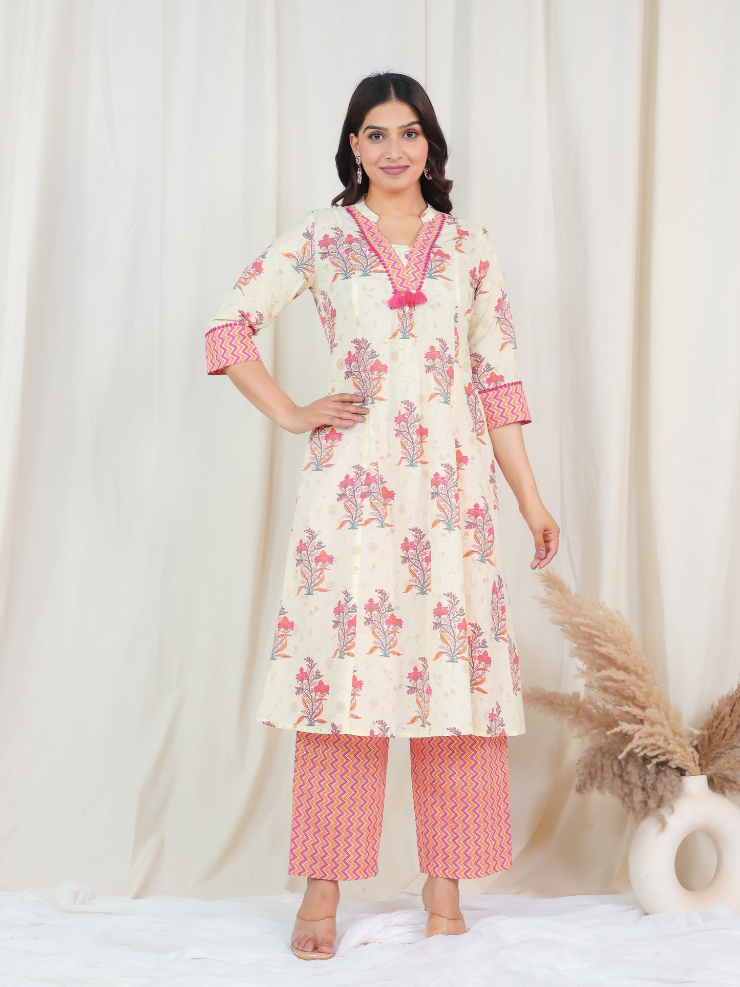 Soft Cotton Floral Flared Off White Kurta