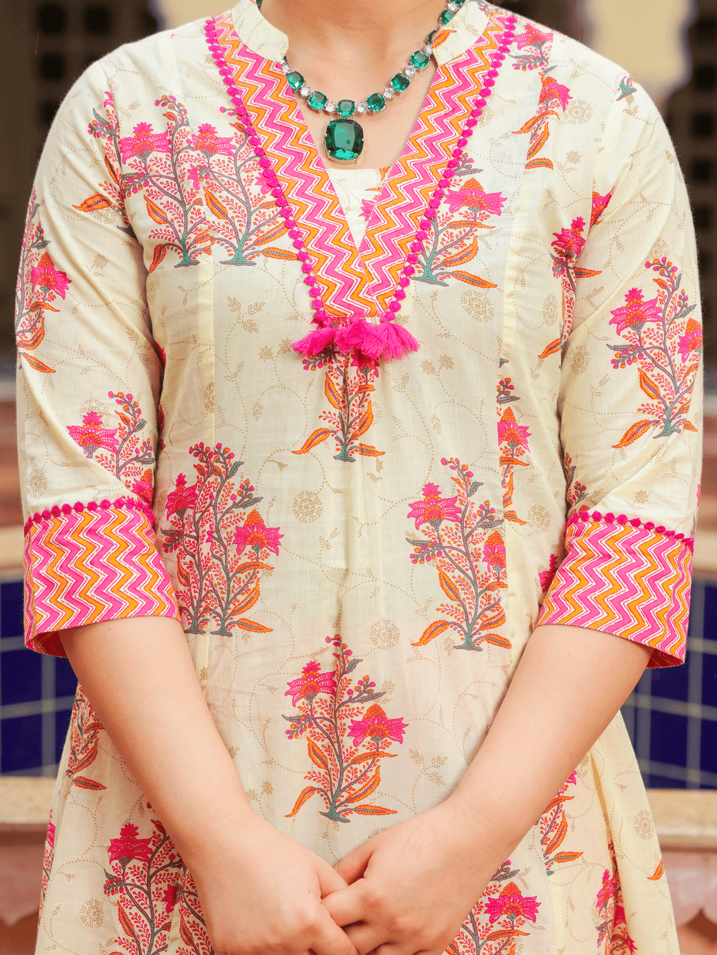 Soft Cotton Floral Flared Off White Kurta