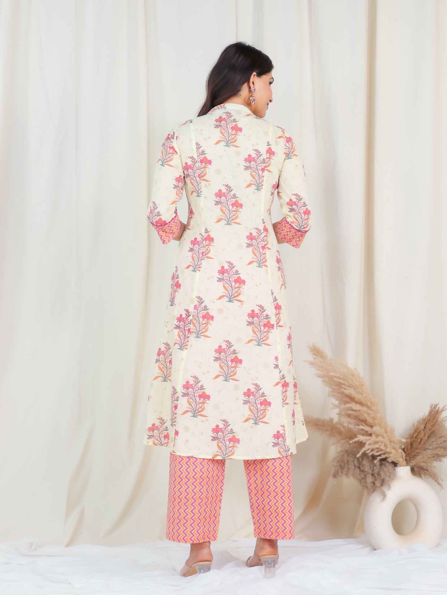 Soft Cotton Floral Flared Off White Kurta
