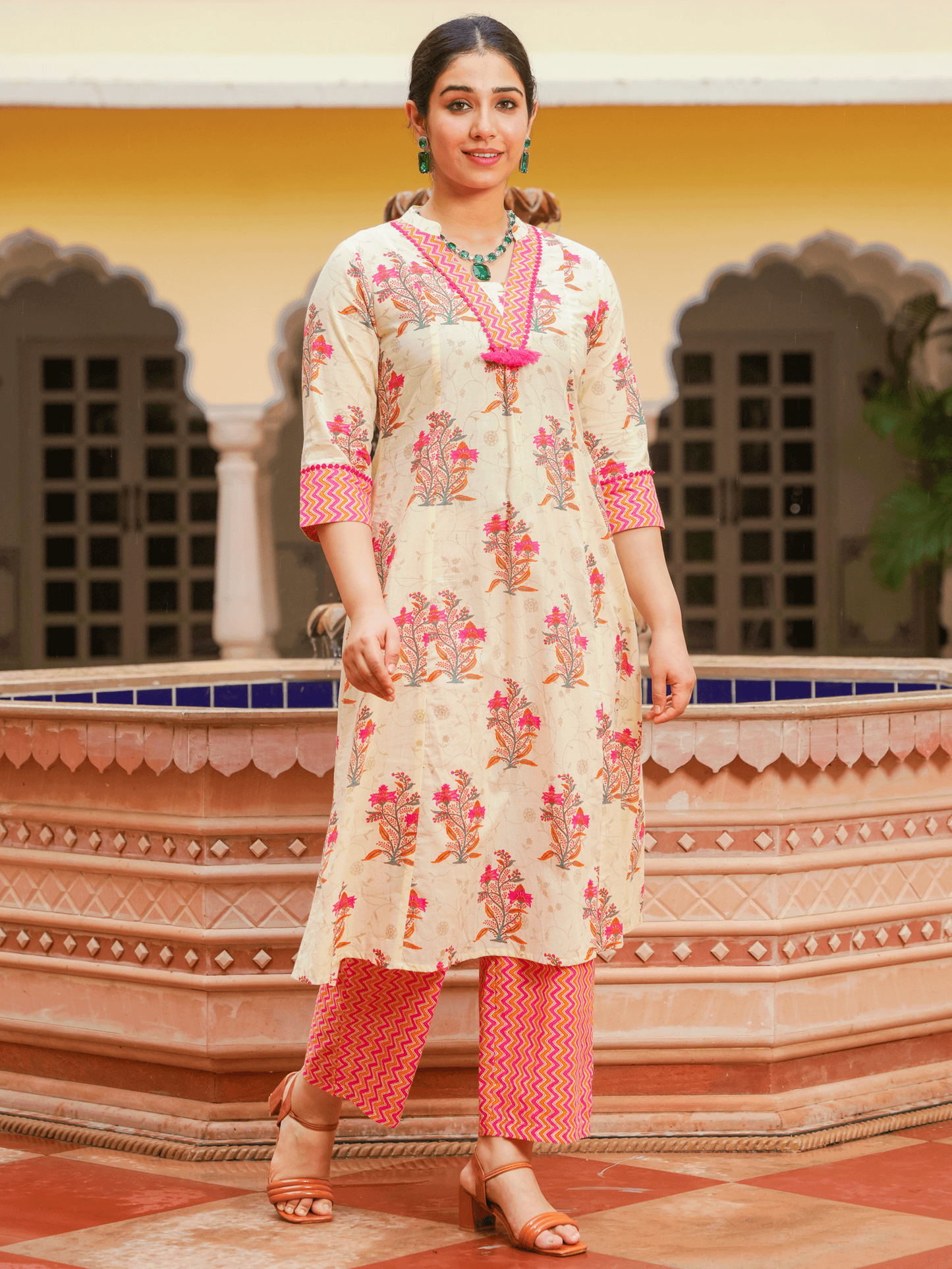 Soft Cotton Floral Flared Off White Kurta