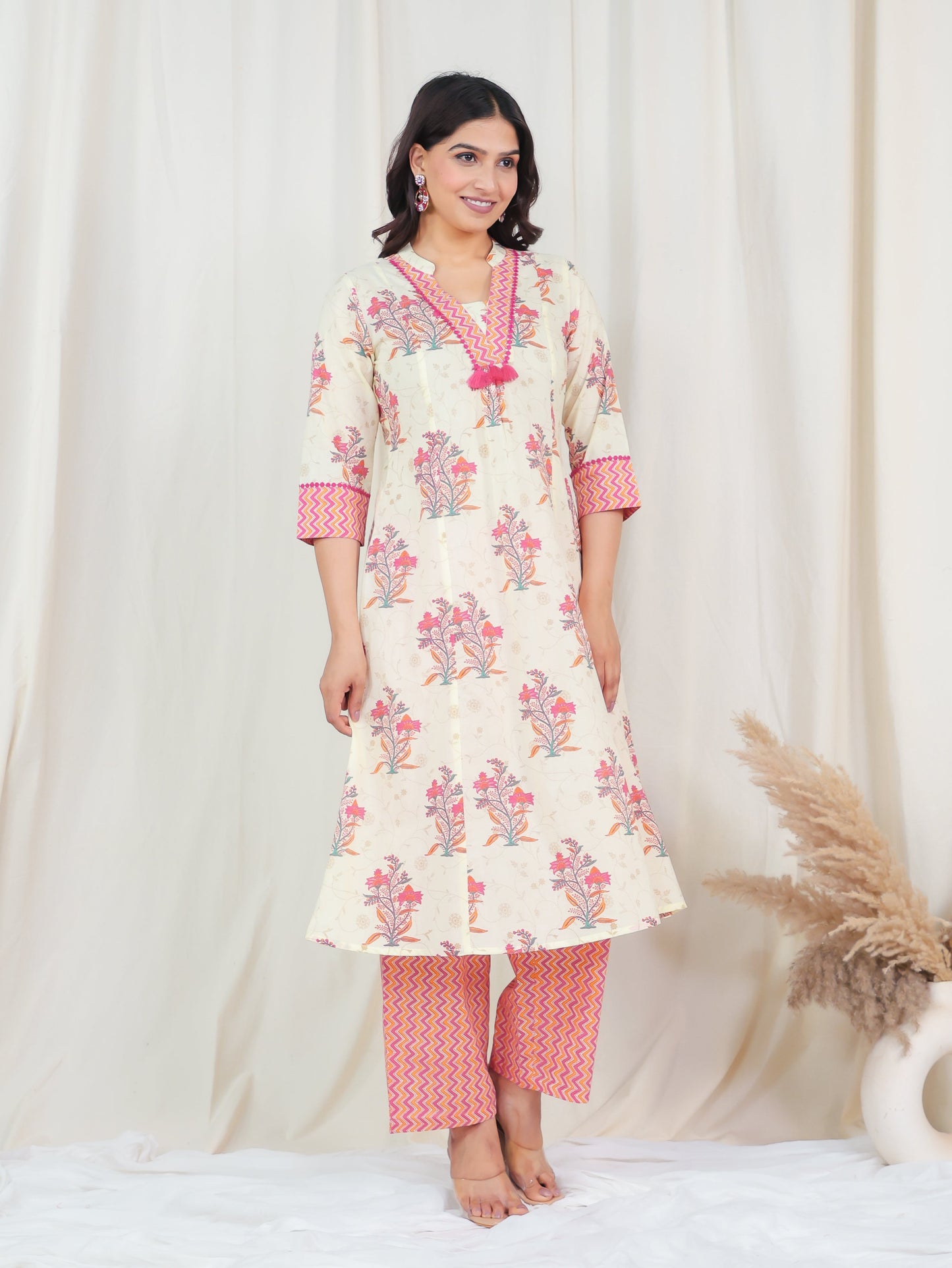 Soft Cotton Floral Flared Off White Kurta