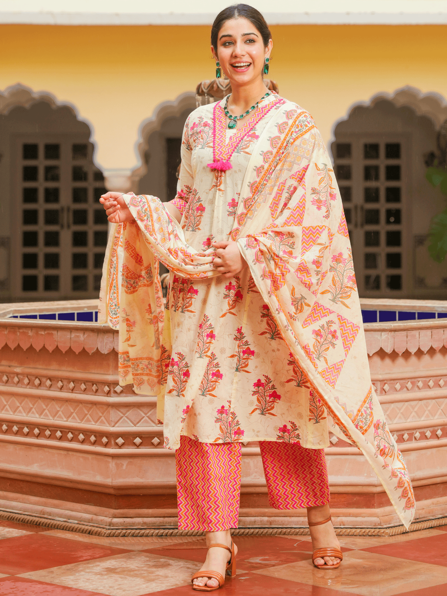 Soft Cotton Floral Flared Off White Kurta