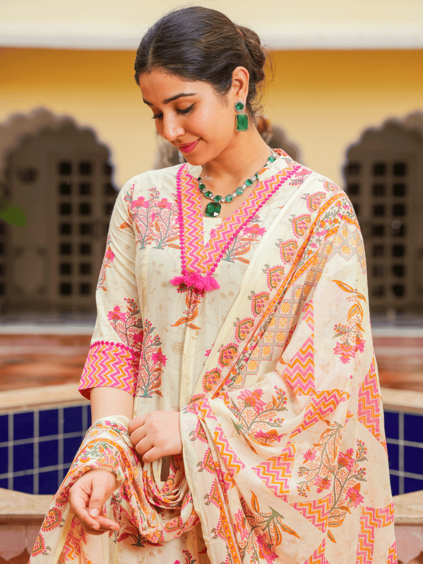 Soft Cotton Floral Flared Off White Kurta