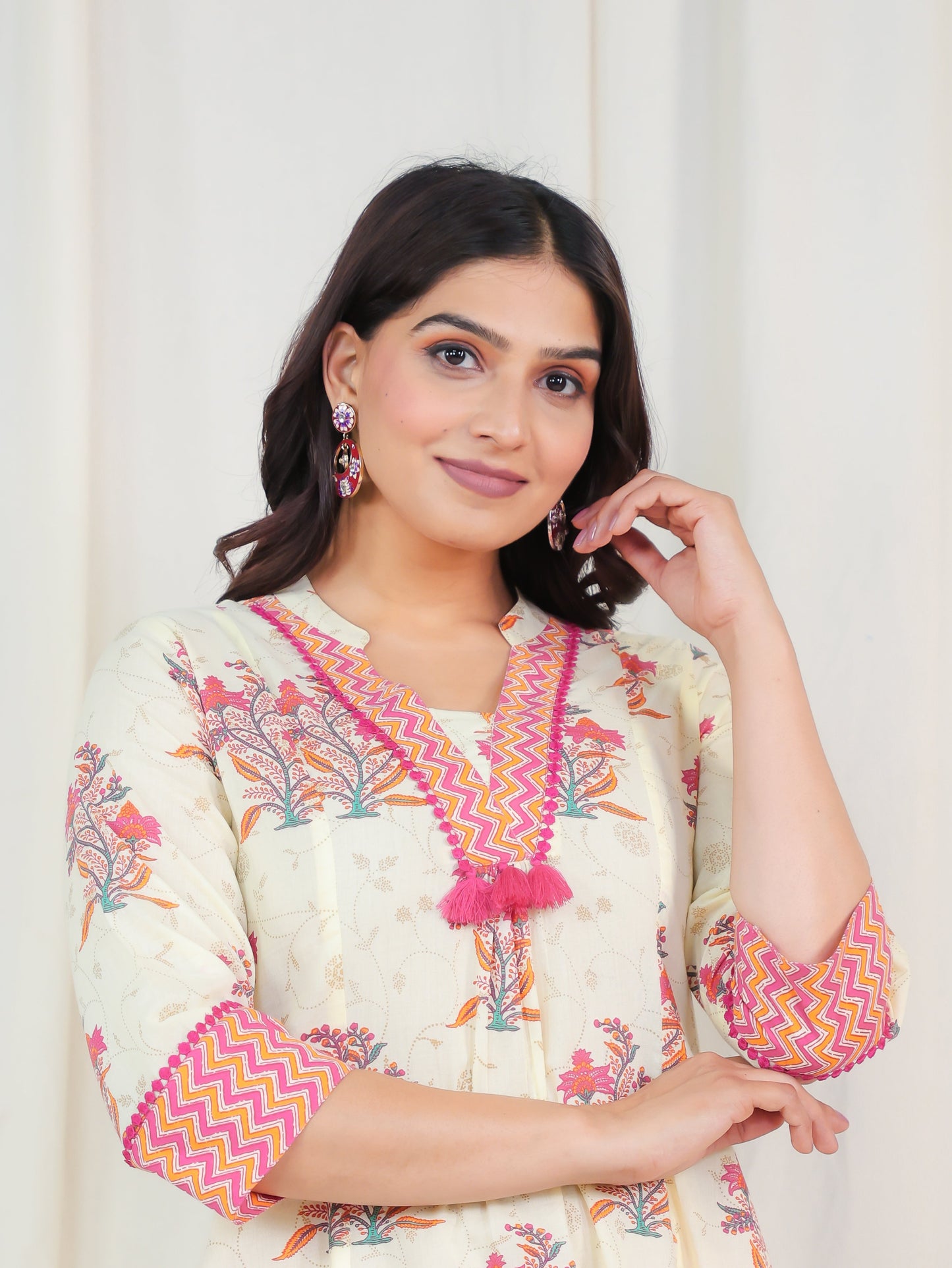 Soft Cotton Floral Flared Off White Kurta