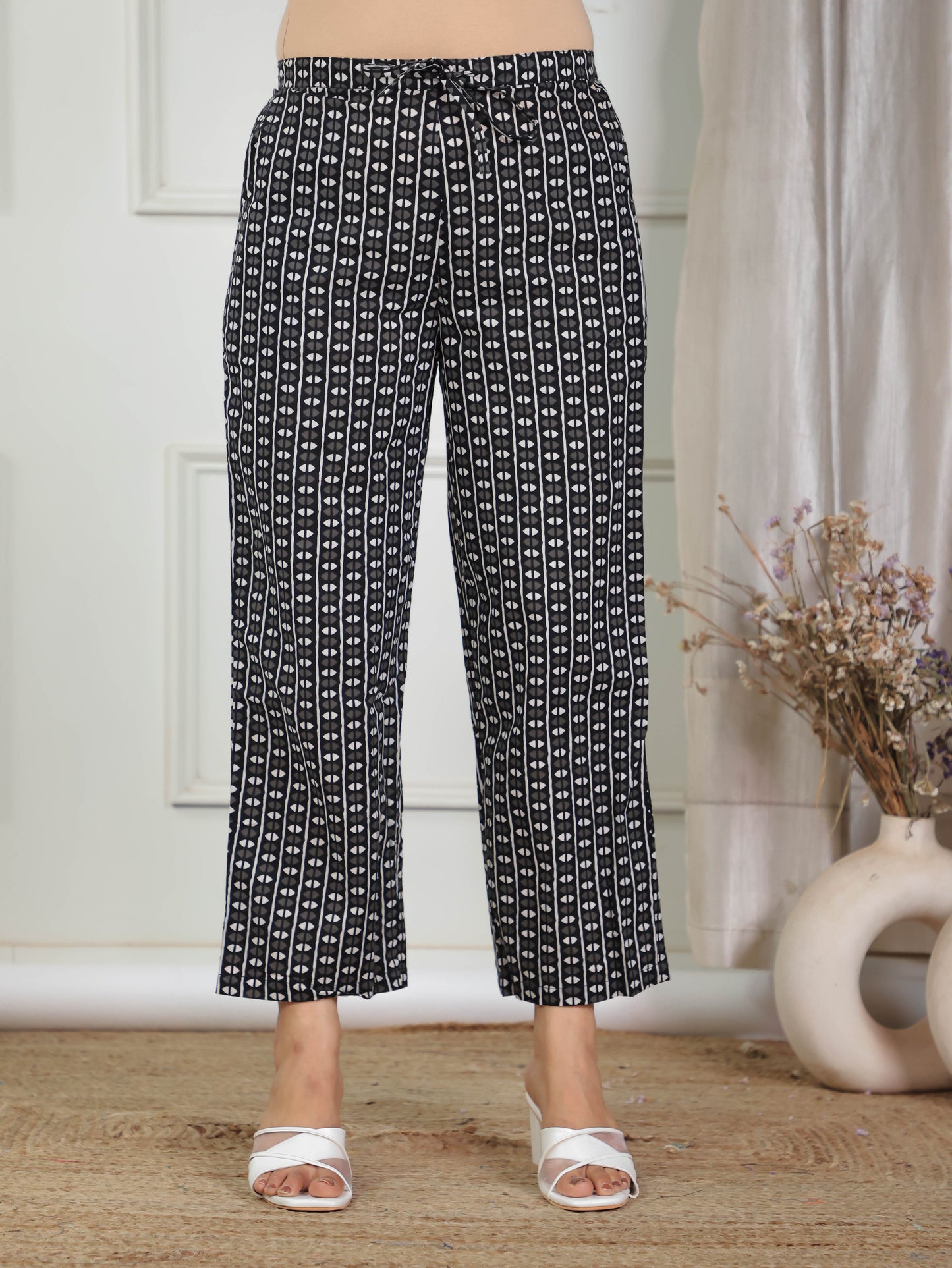 Soft Cotton Geometric Black Straight Trousers