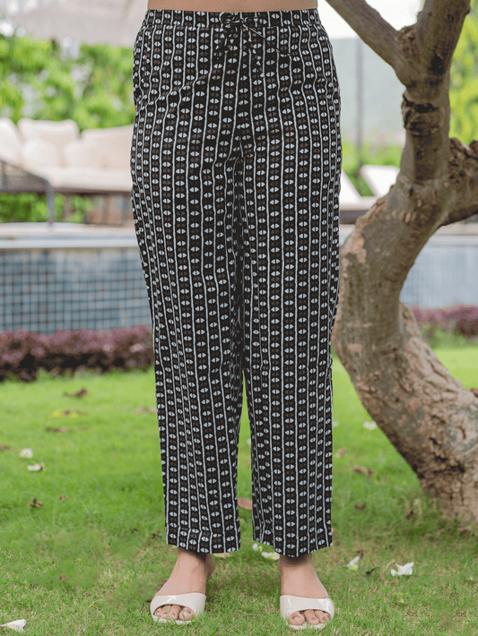 Soft Cotton Geometric Black Straight Trousers