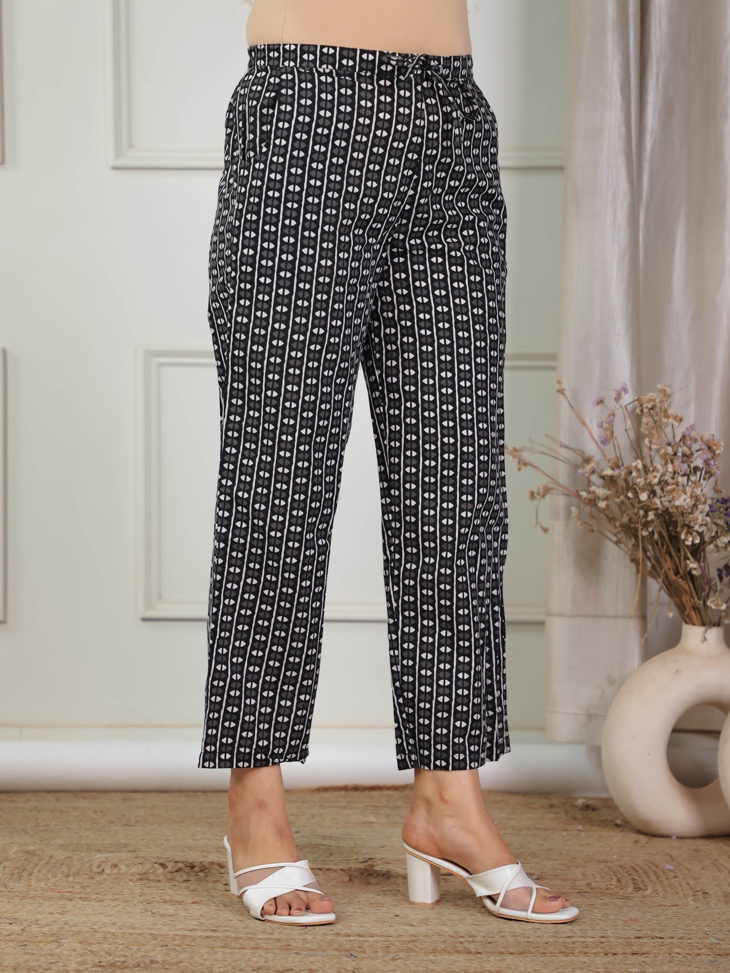Soft Cotton Geometric Black Straight Trousers