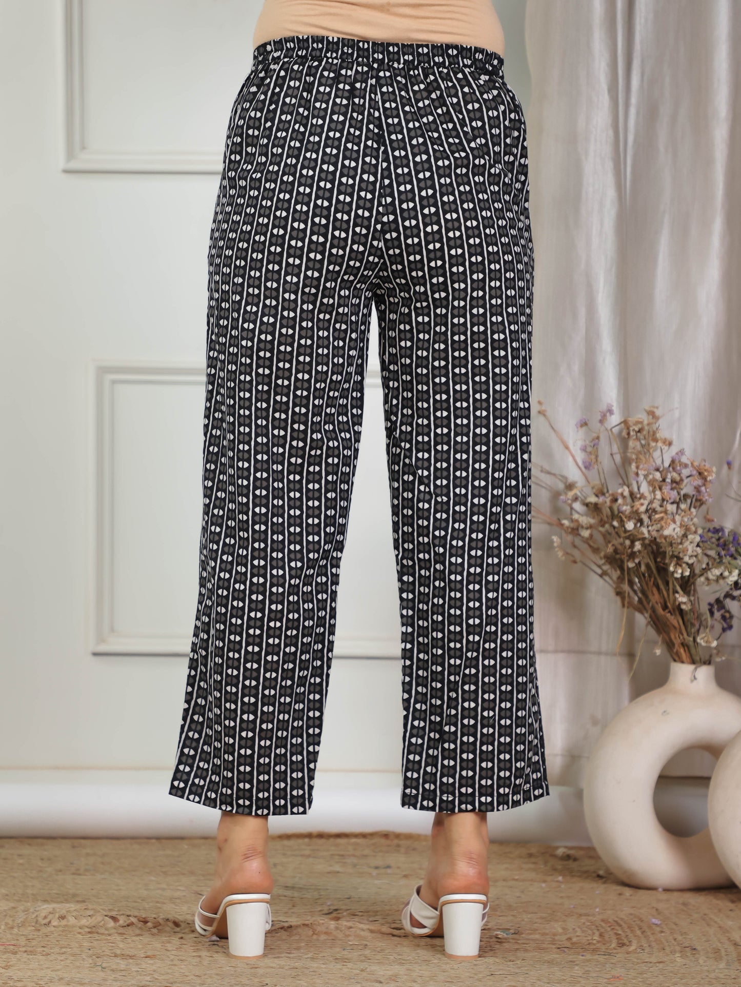 Soft Cotton Geometric Black Straight Trousers