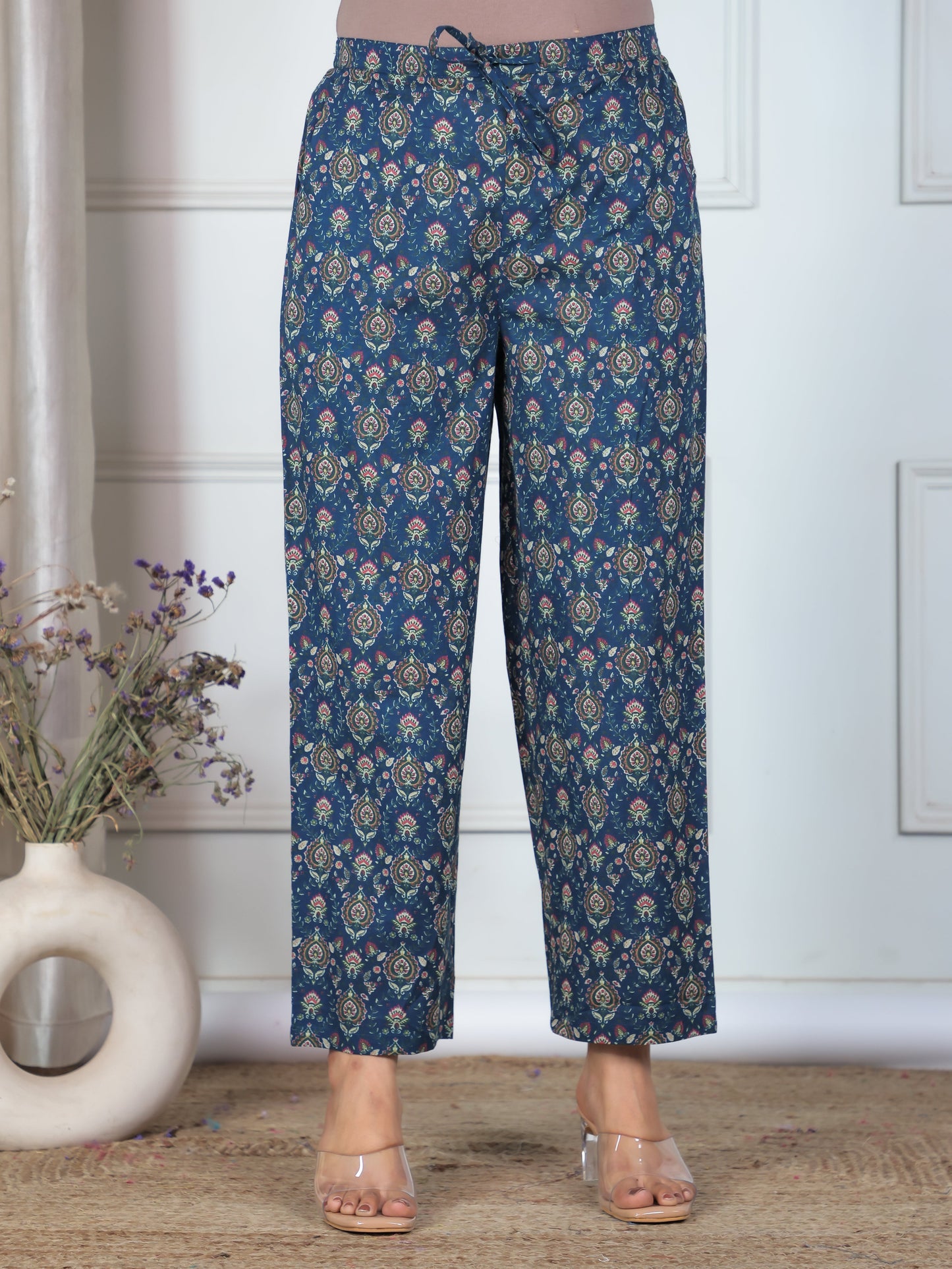Soft Cotton Floral Blue Trousers Straight Trousers