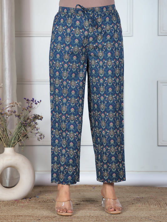 Soft Cotton Floral Blue Trousers Straight Trousers