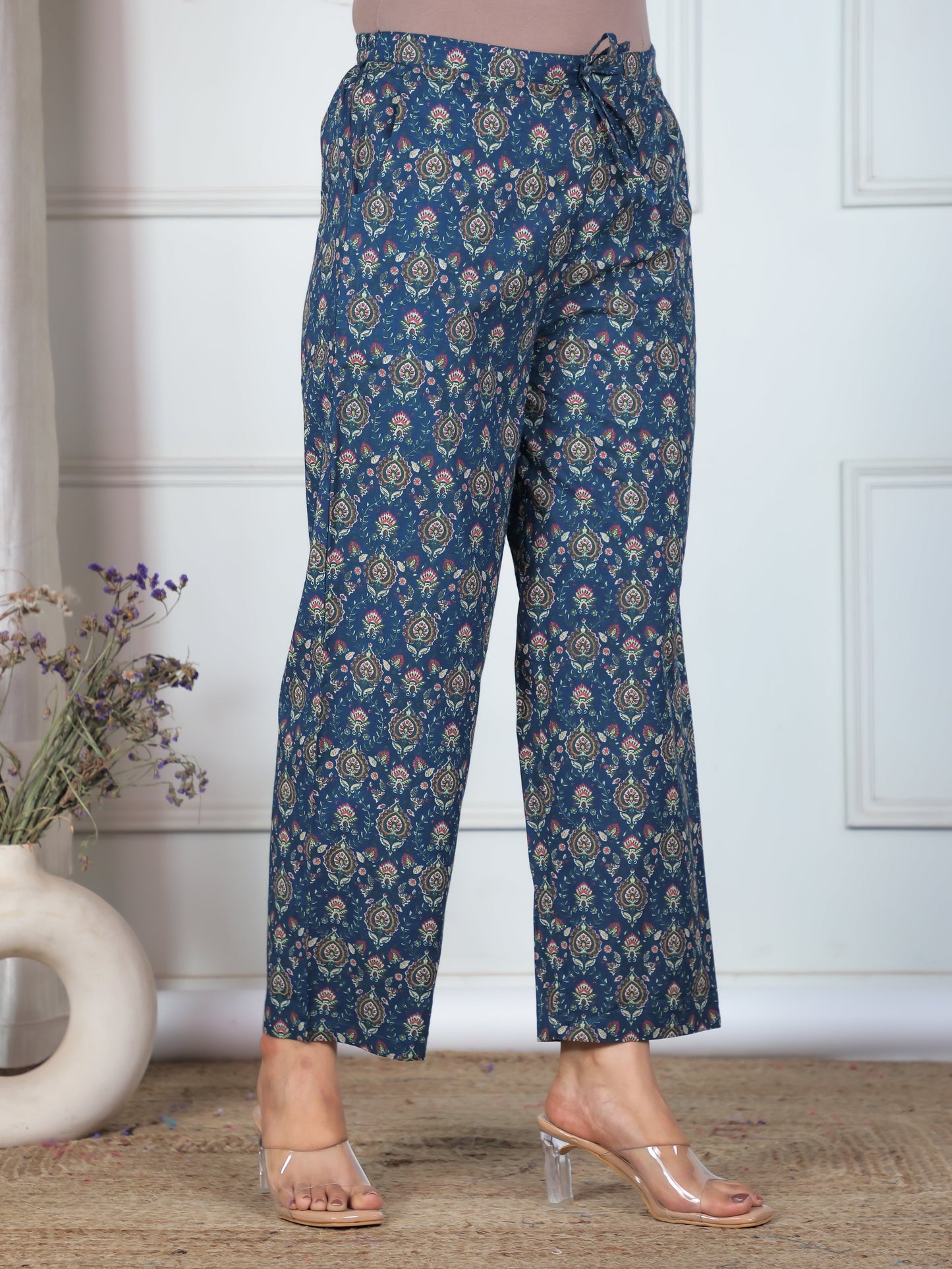 Soft Cotton Floral Blue Trousers Straight Trousers