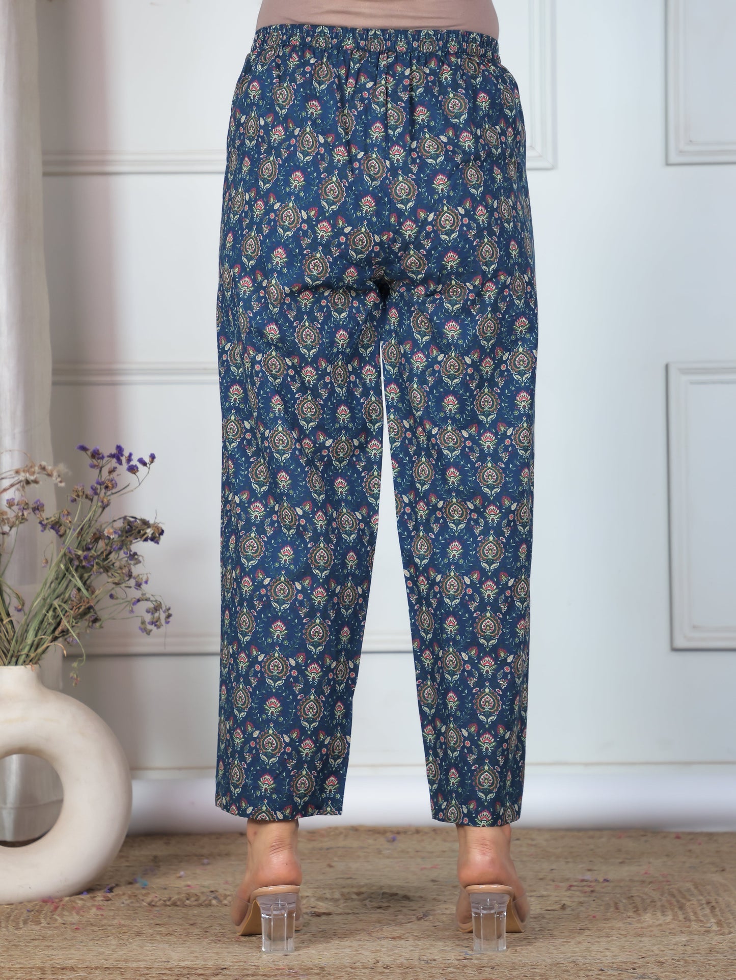 Soft Cotton Floral Blue Trousers Straight Trousers