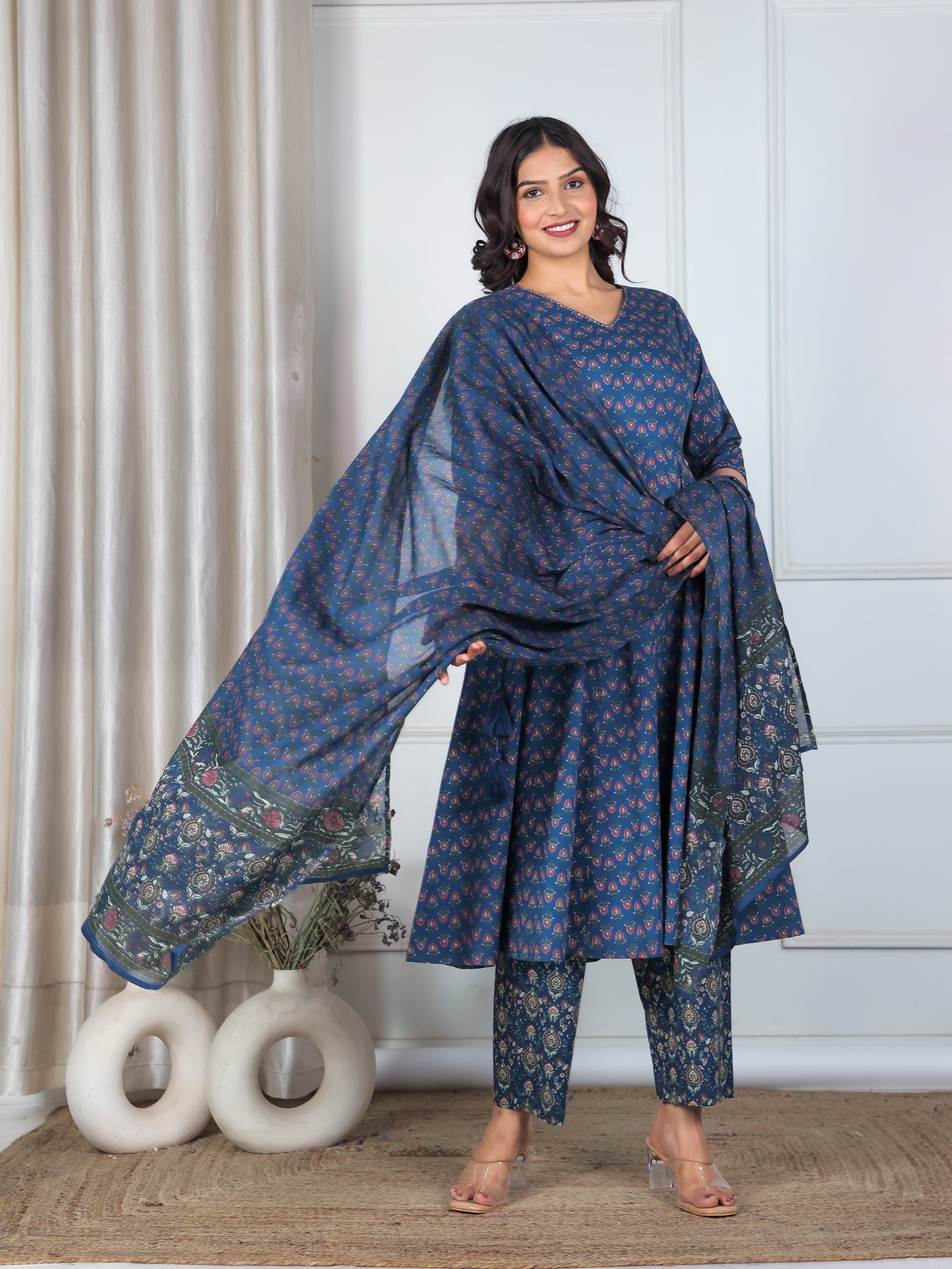 Cotton Voile Floral Blue Dupatta