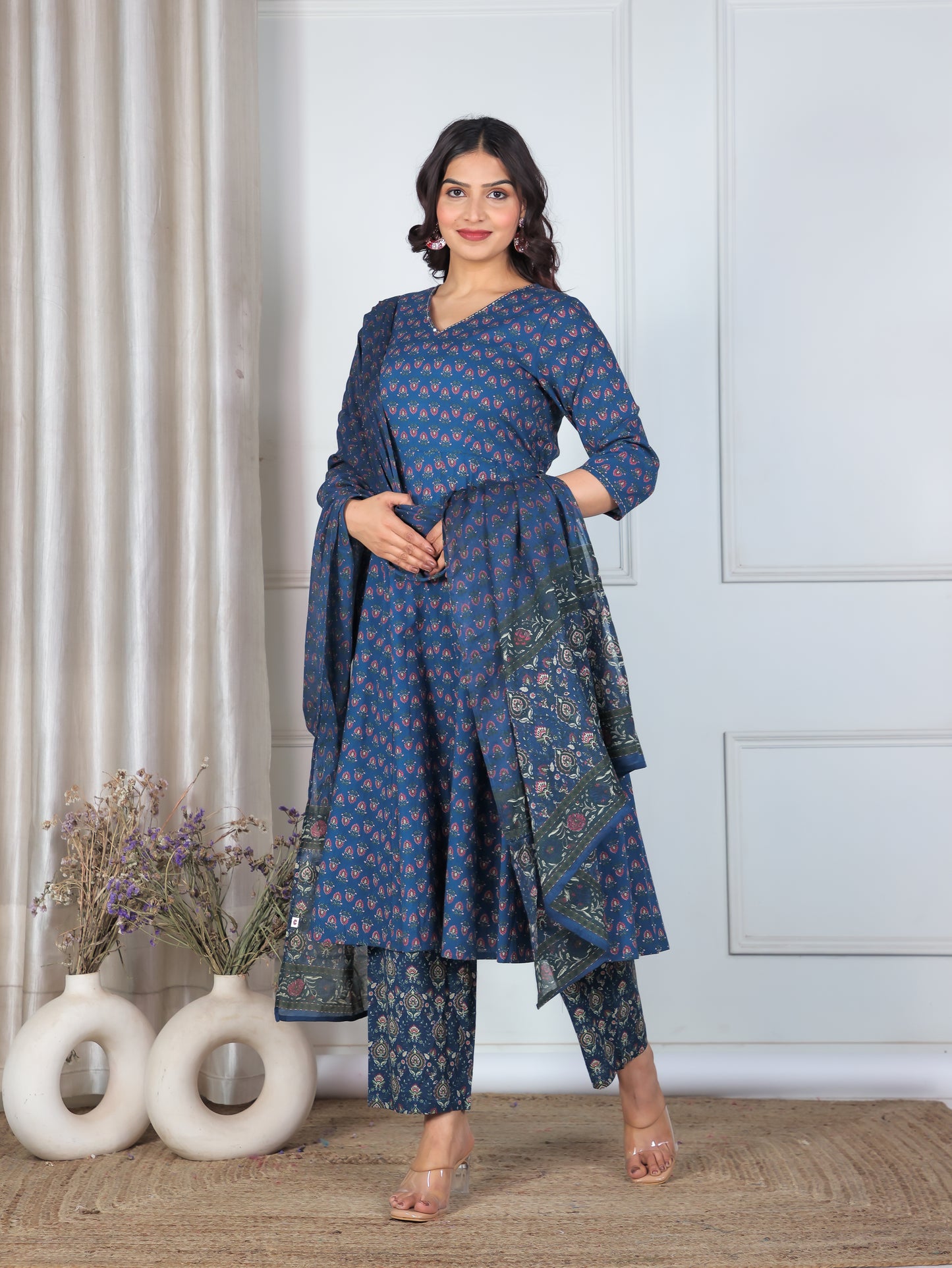 Embroidered Soft Cotton Floral Angrakha Blue Kurta