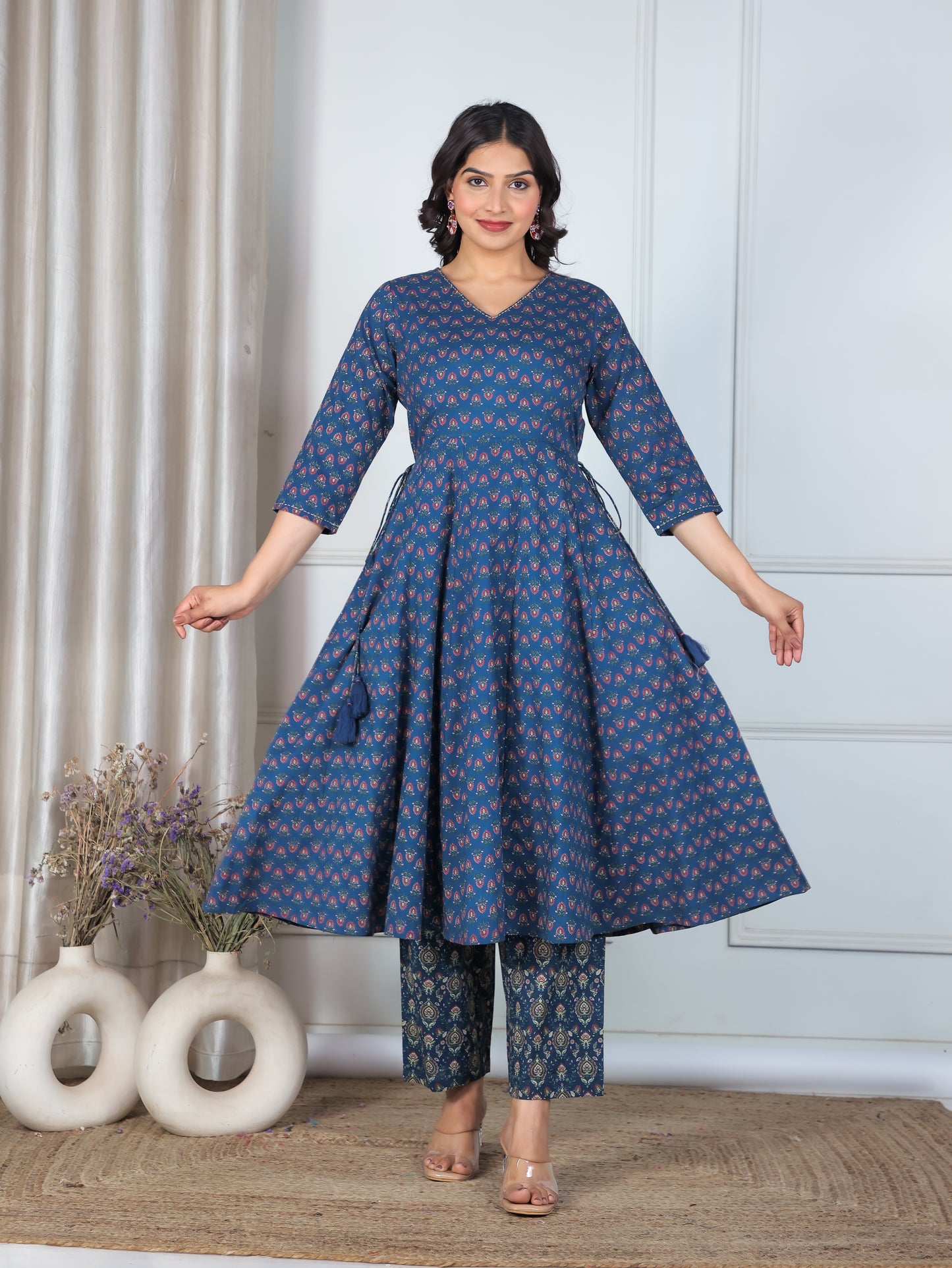 Embroidered Soft Cotton Floral Angrakha Blue Kurta