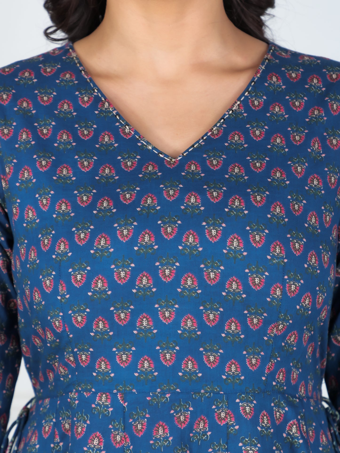Embroidered Soft Cotton Floral Angrakha Blue Kurta