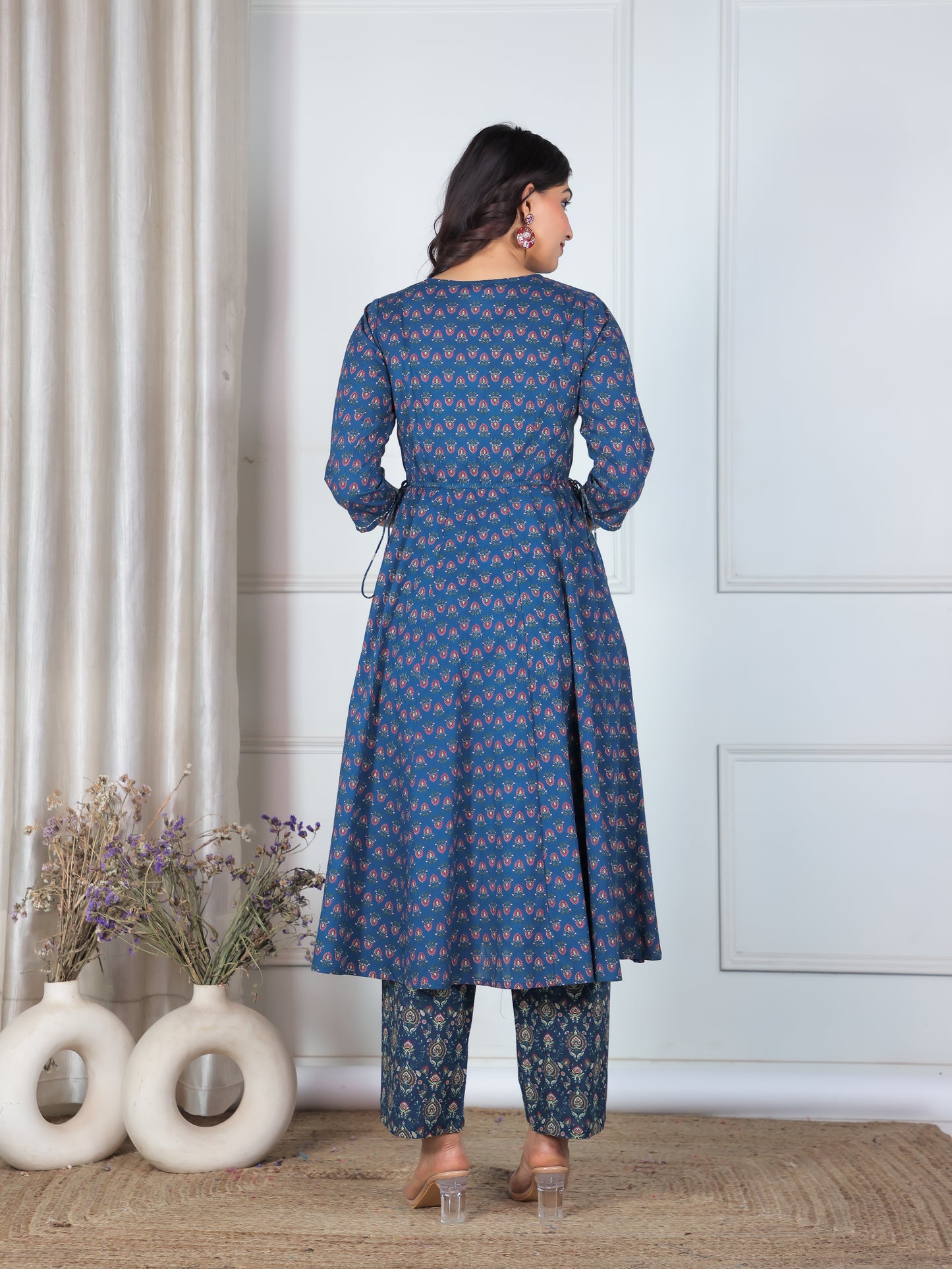 Embroidered Soft Cotton Floral Angrakha Blue Kurta