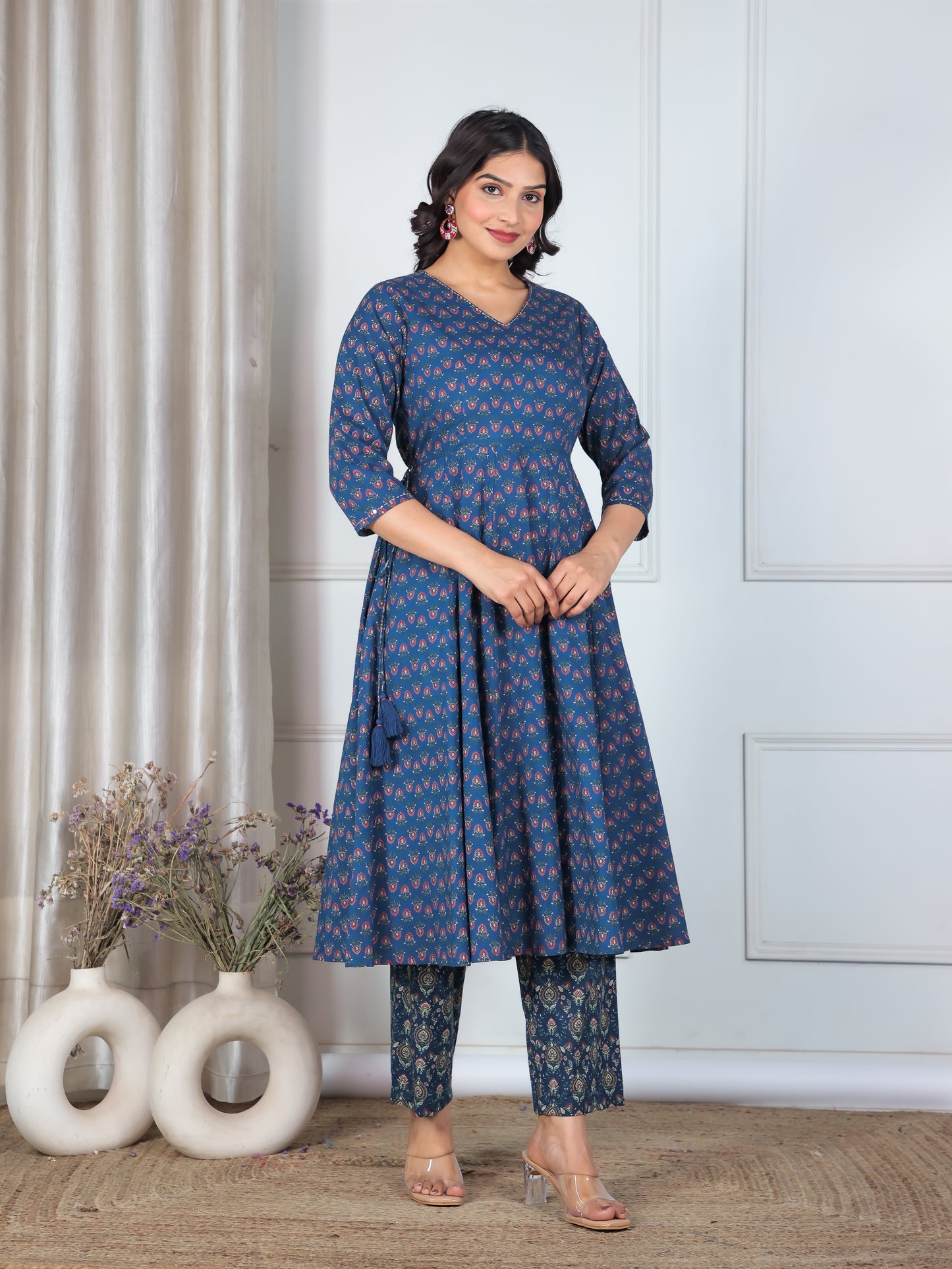 Embroidered Soft Cotton Floral Angrakha Blue Kurta