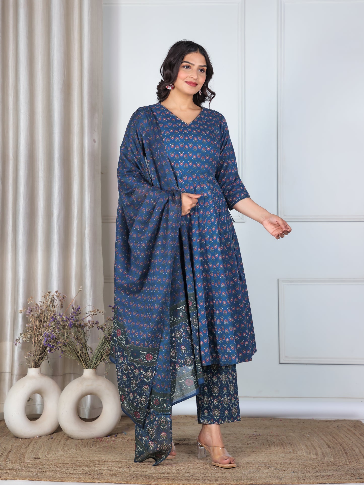 Embroidered Soft Cotton Floral Angrakha Blue Kurta