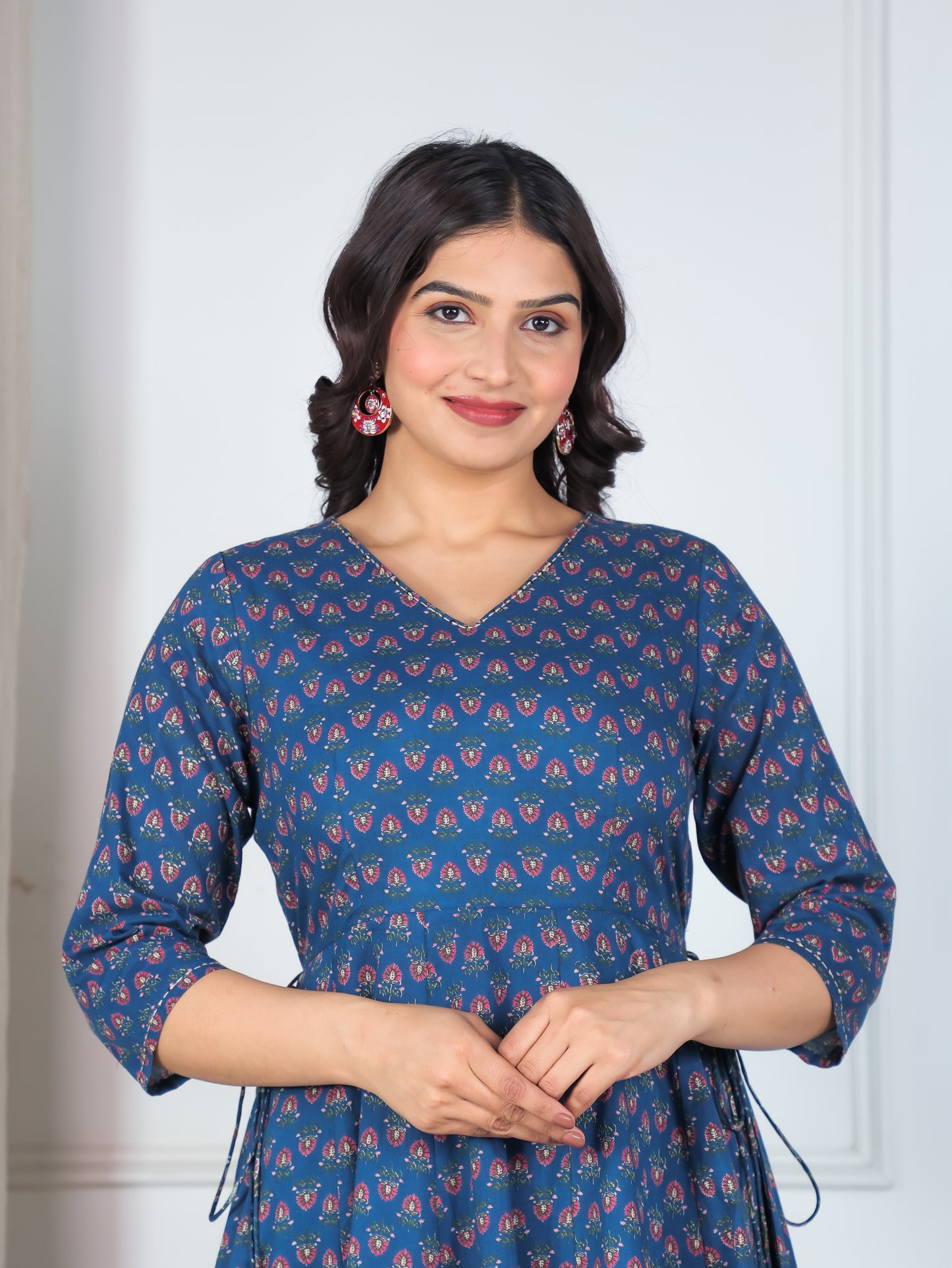 Embroidered Soft Cotton Floral Angrakha Blue Kurta
