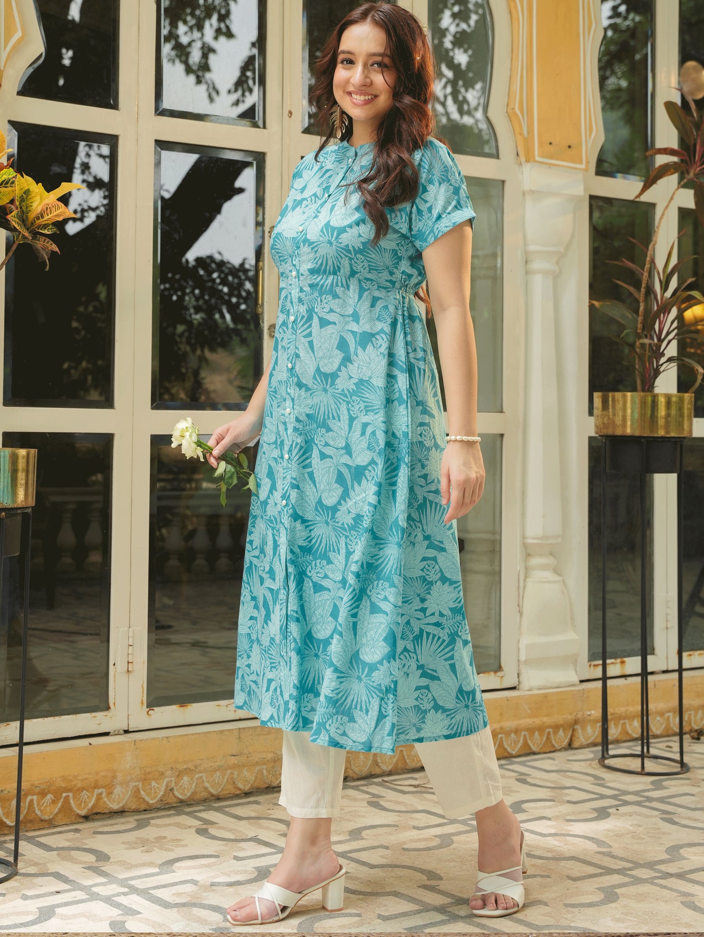 Soft Cotton Floral A-line Blue Dress