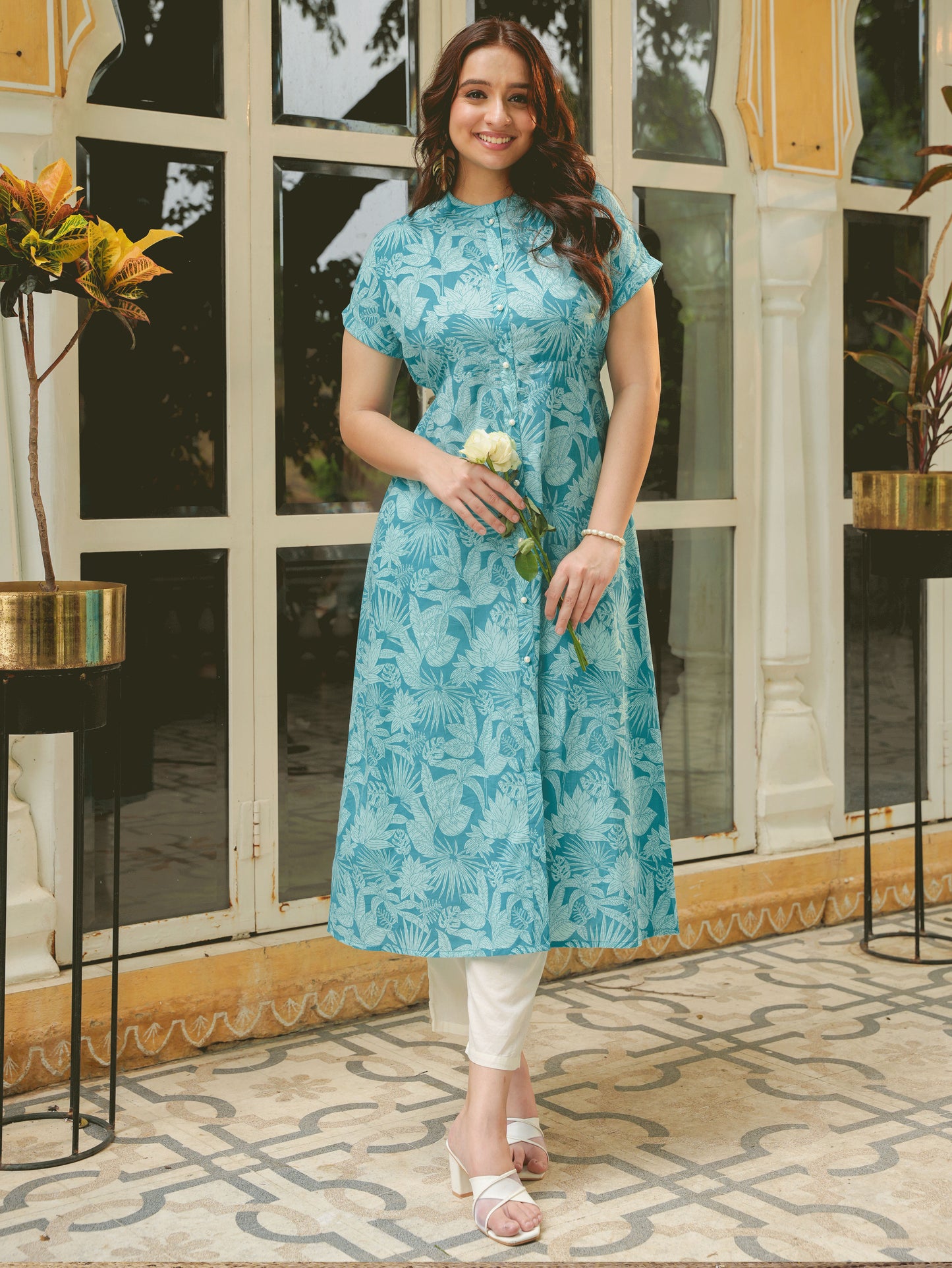 Soft Cotton Floral A-line Blue Dress