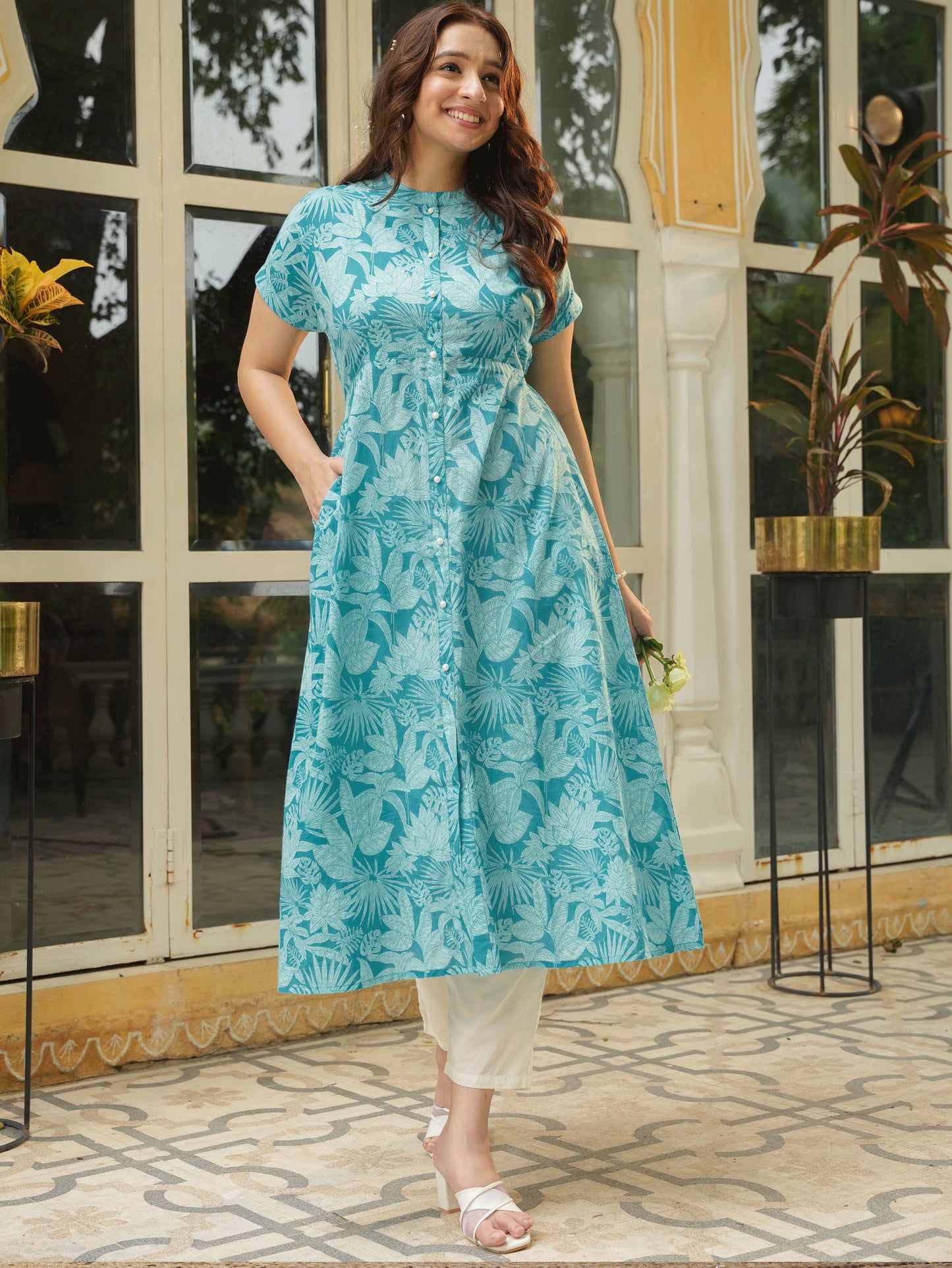 Soft Cotton Floral A-line Blue Dress