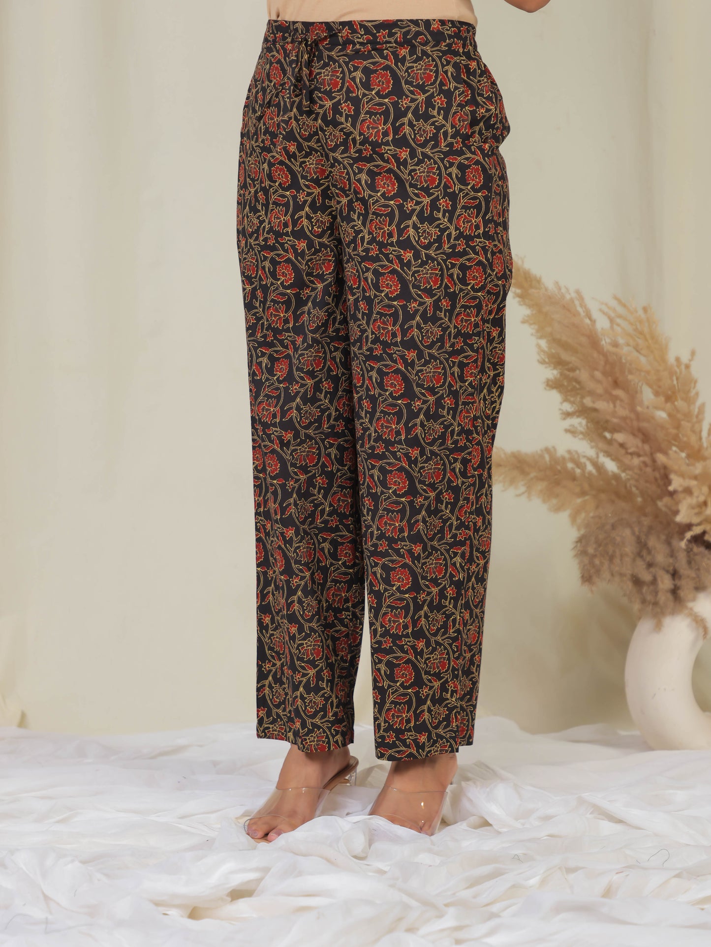 Soft Cotton Floral Black Straight Trousers