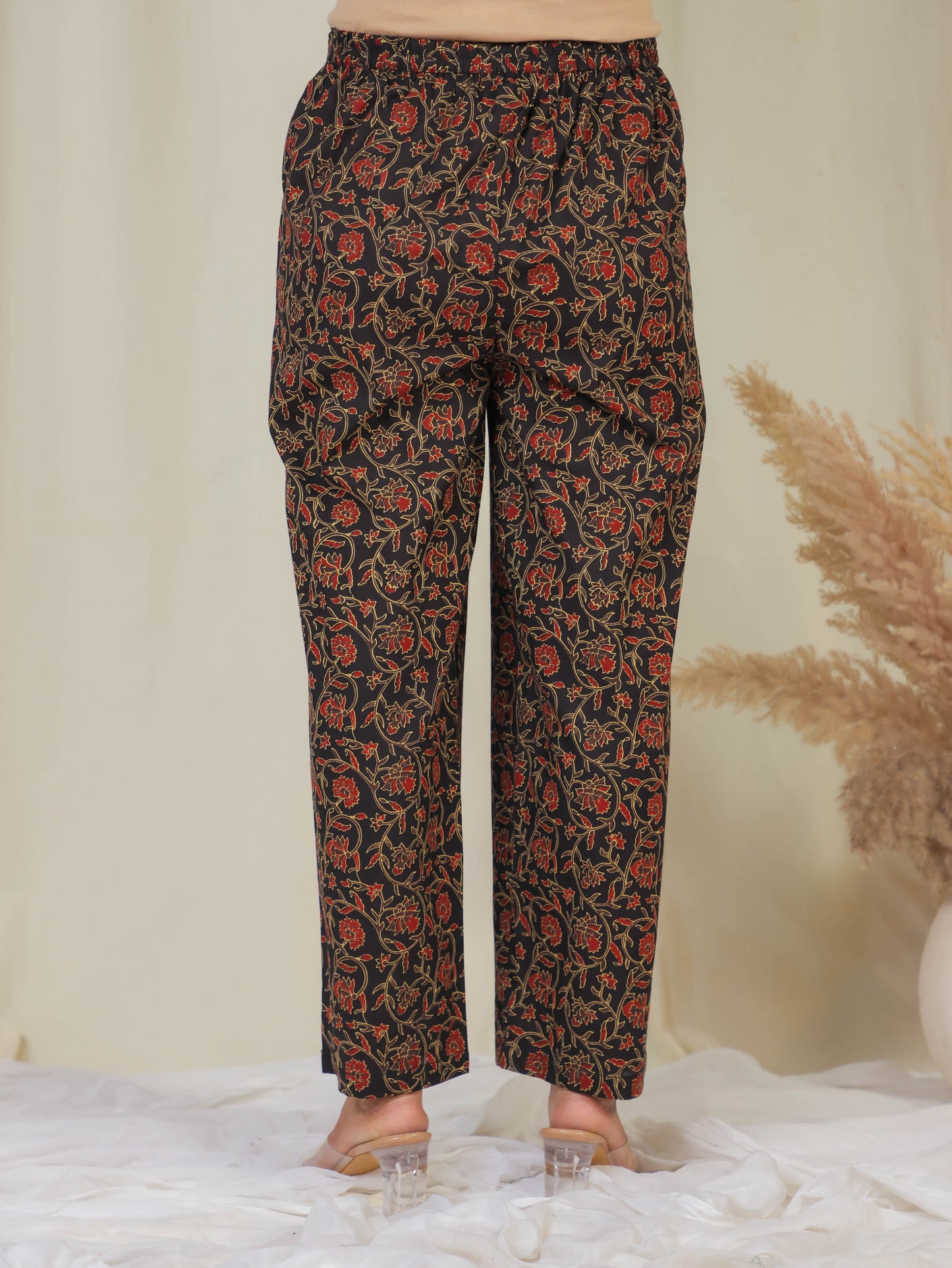 Soft Cotton Floral Black Straight Trousers