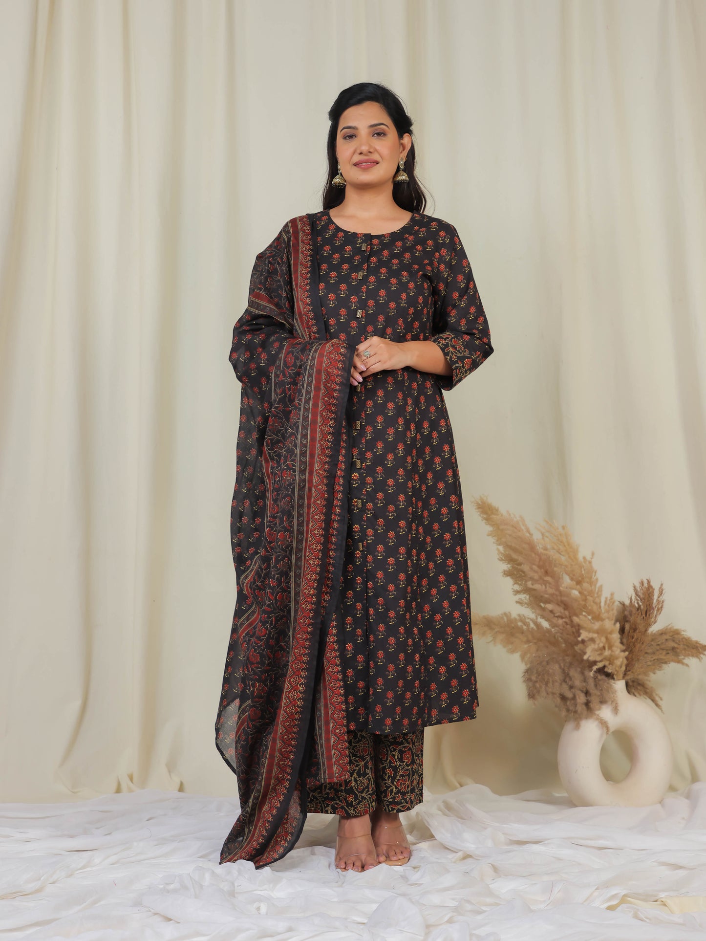 Cotton Voile Floral Black Dupatta