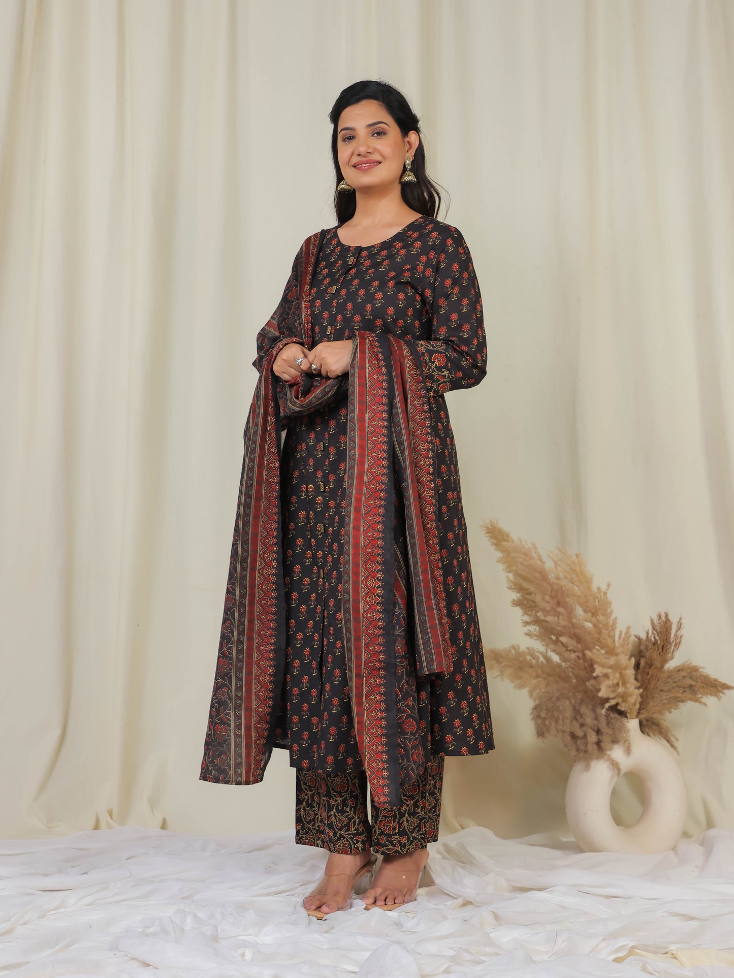 Soft Cotton Floral Flared Black Kurta