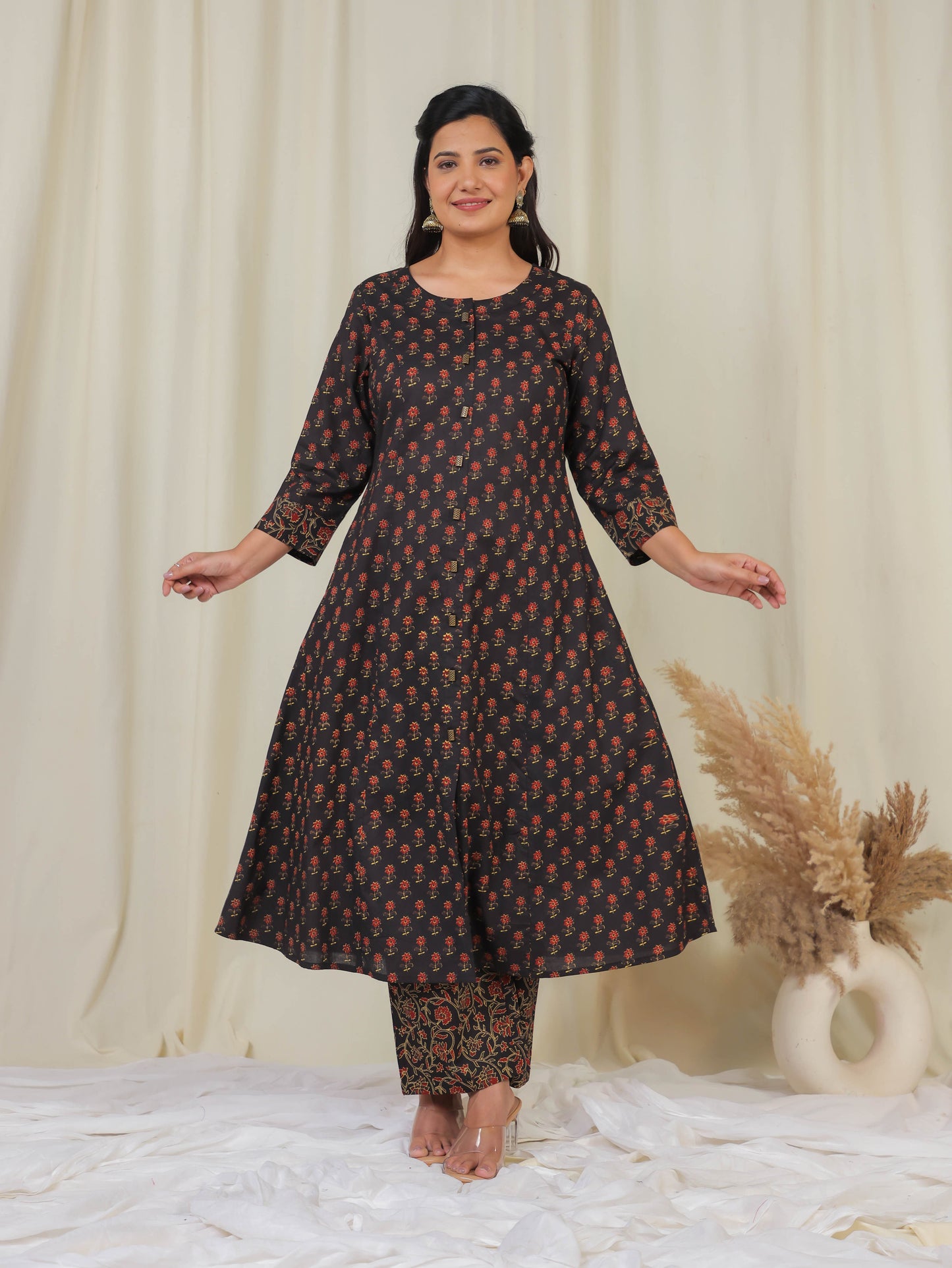 Soft Cotton Floral A-line Black Kurta