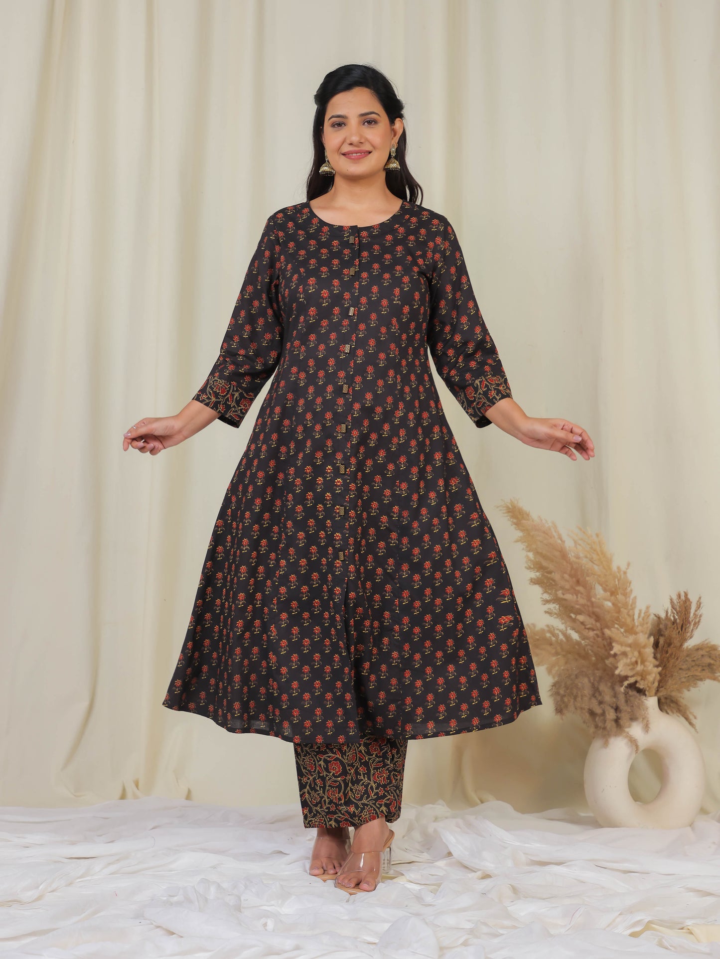 Soft Cotton Floral Flared Black Kurta