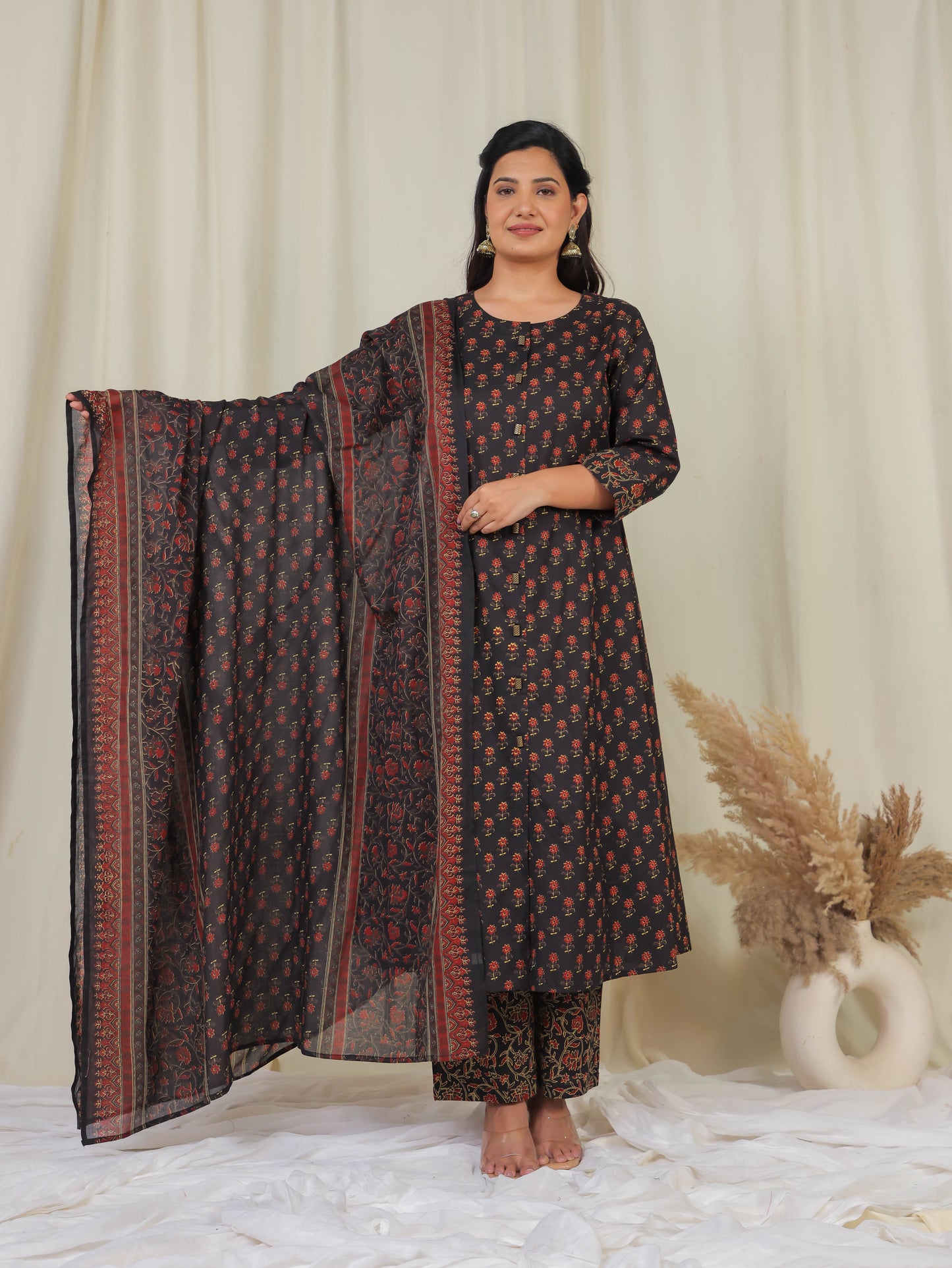 Soft Cotton Floral Flared Black Kurta