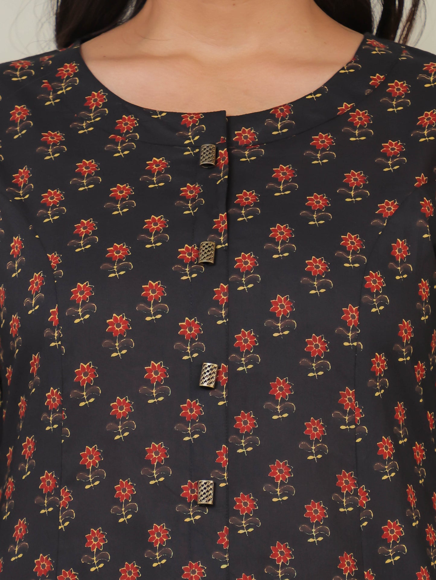 Soft Cotton Floral A-line Black Kurta