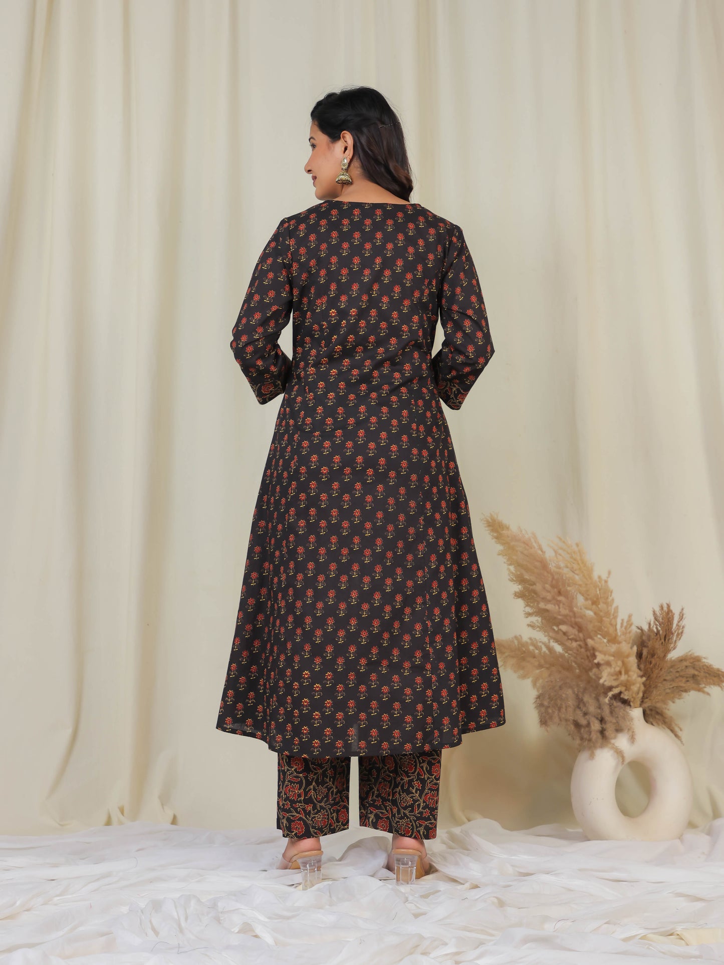 Soft Cotton Floral Flared Black Kurta