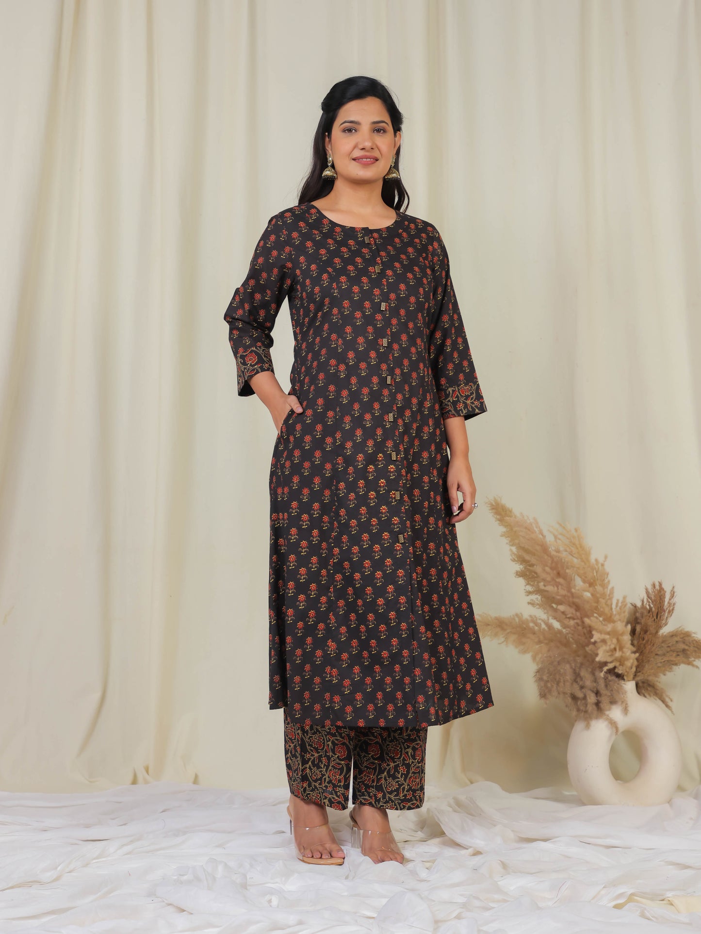 Soft Cotton Floral A-line Black Kurta