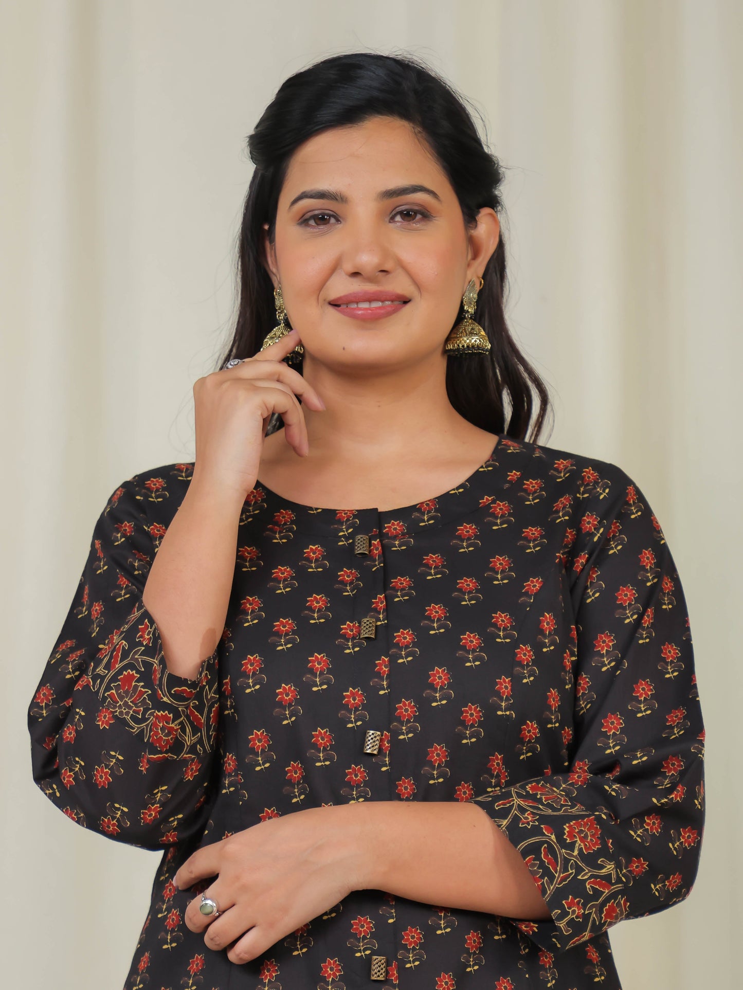 Soft Cotton Floral A-line Black Kurta